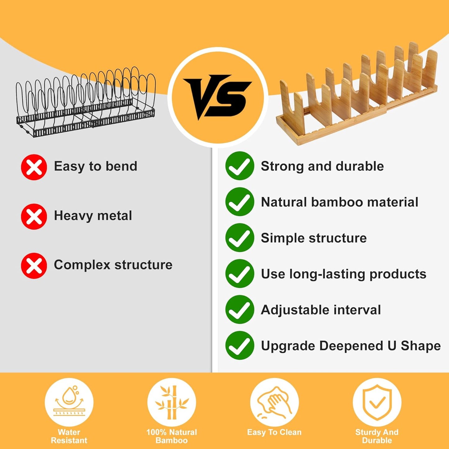 MinBoo Bamboo Expandable Pot Lid Organizer, Pot and Pan Organizer Drawer Organizer for Pot Lids, Adjustable 8 U-Shaped Dividers for Kitchen Cabinet Organizers and Storage