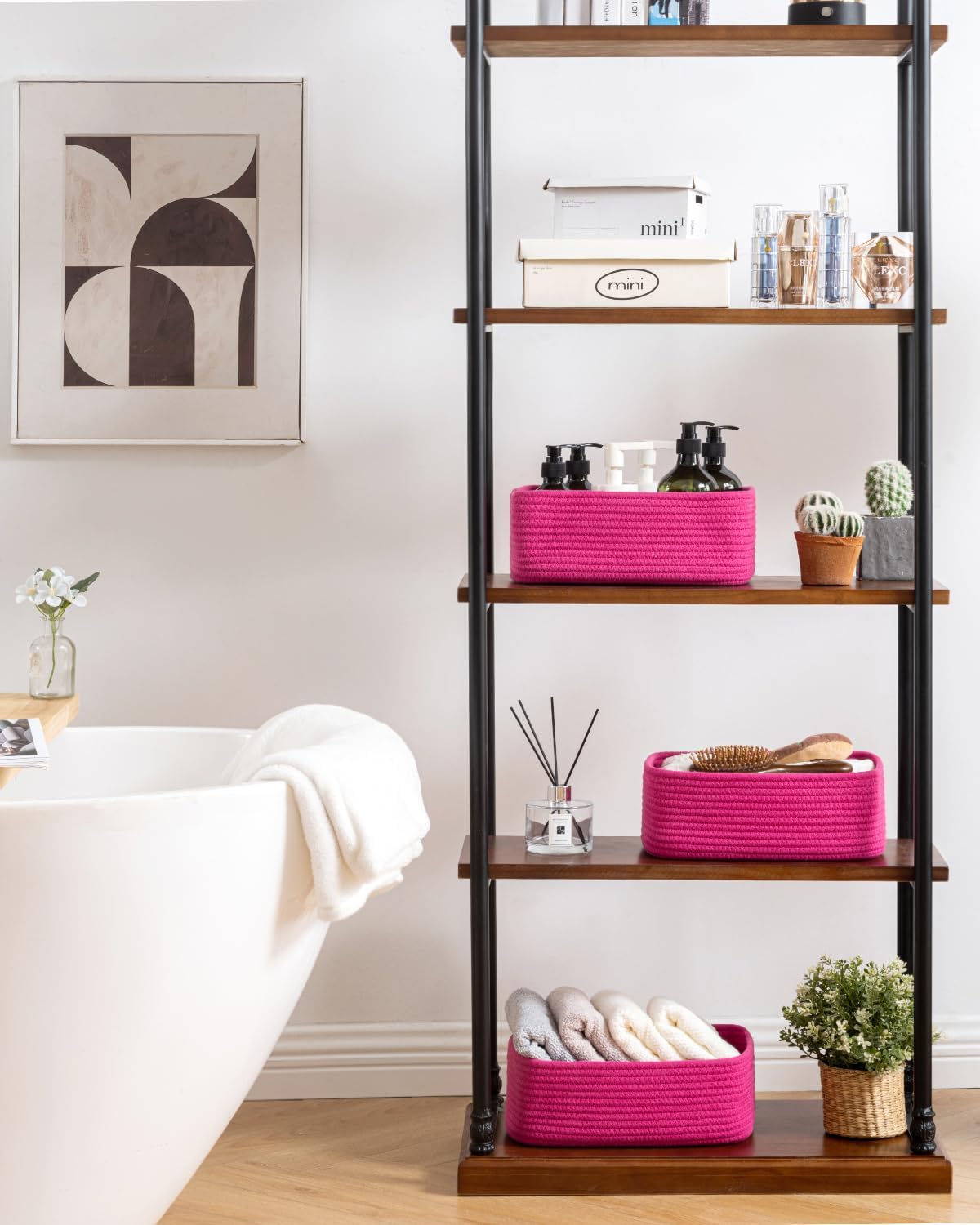 Small Woven Basket, 12 x 8 x 4.5 Inches, Storage Basket for Organizing, Cute Small Rope Shelf Closet Cube Storage Bins Baskets for Shelves, Dog Toy Gift Baskets Empty, 3 Packs, Hot Pink