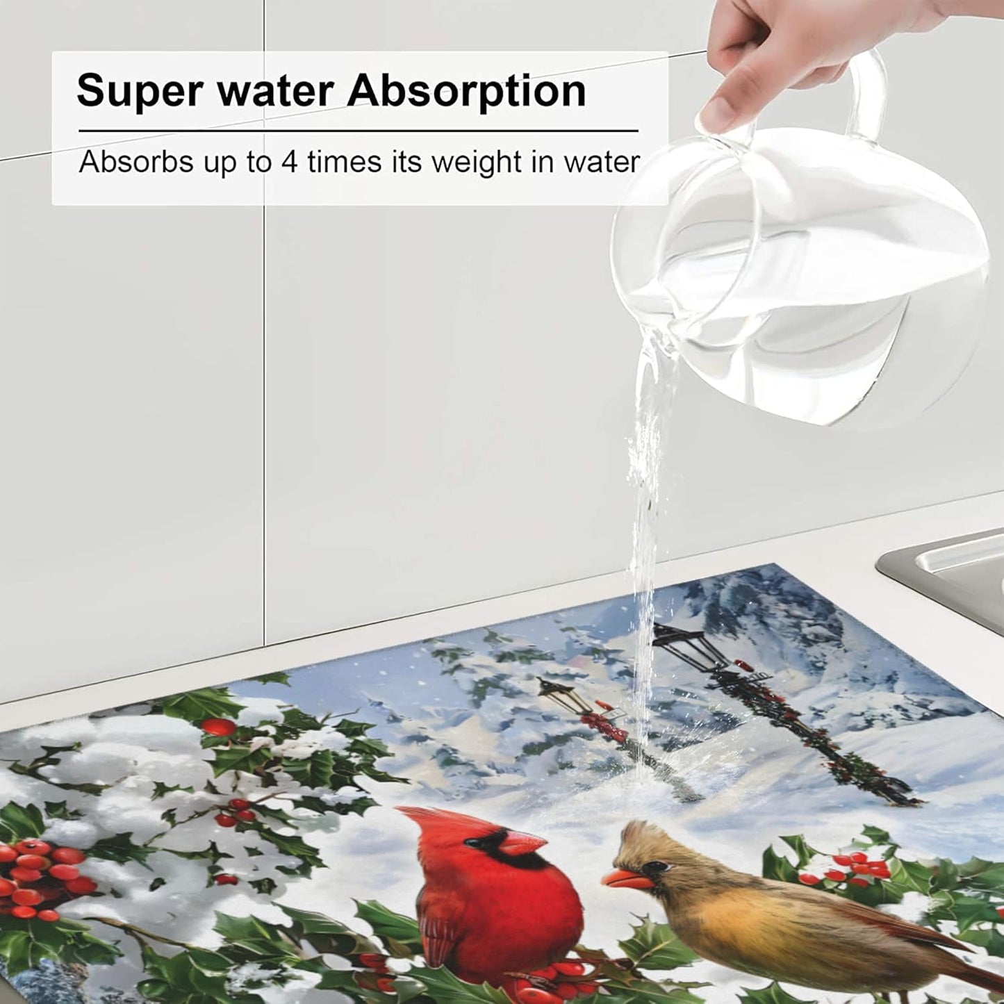 Winter Cardinal Birds Dish Drying Mat for Kitchen Counter Washable Dish Drying Racks Absorbent Reversible Microfiber Dishes Drying Pad Christmas Kitchen Accessories or Decor 16"x18"