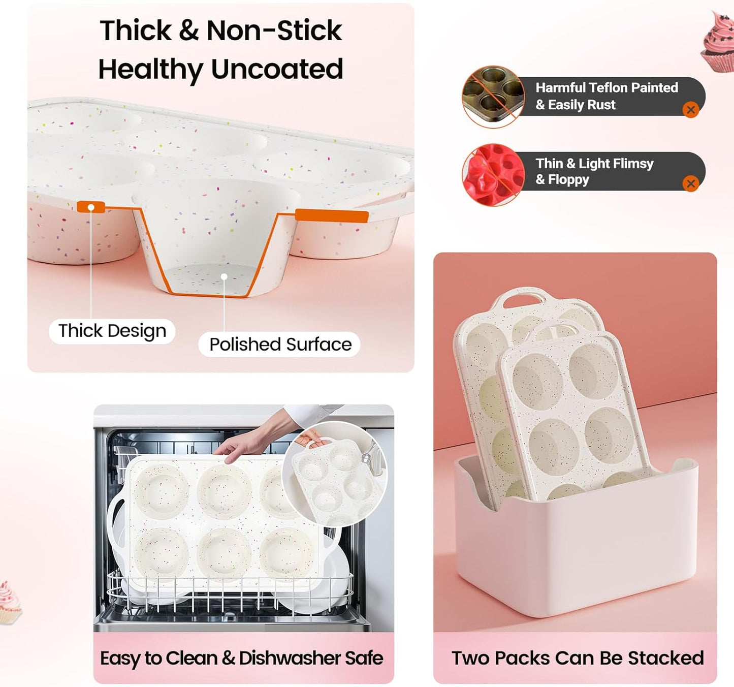 Silicone Jumbo Muffin Pan with Metal Frame, Non Stick Food Grade Silicone Large Muffin Pan Set of 2, with Handles 6 Cup,BPA-Free and Dishwasher Safe, Jumbo Cupcake Pans