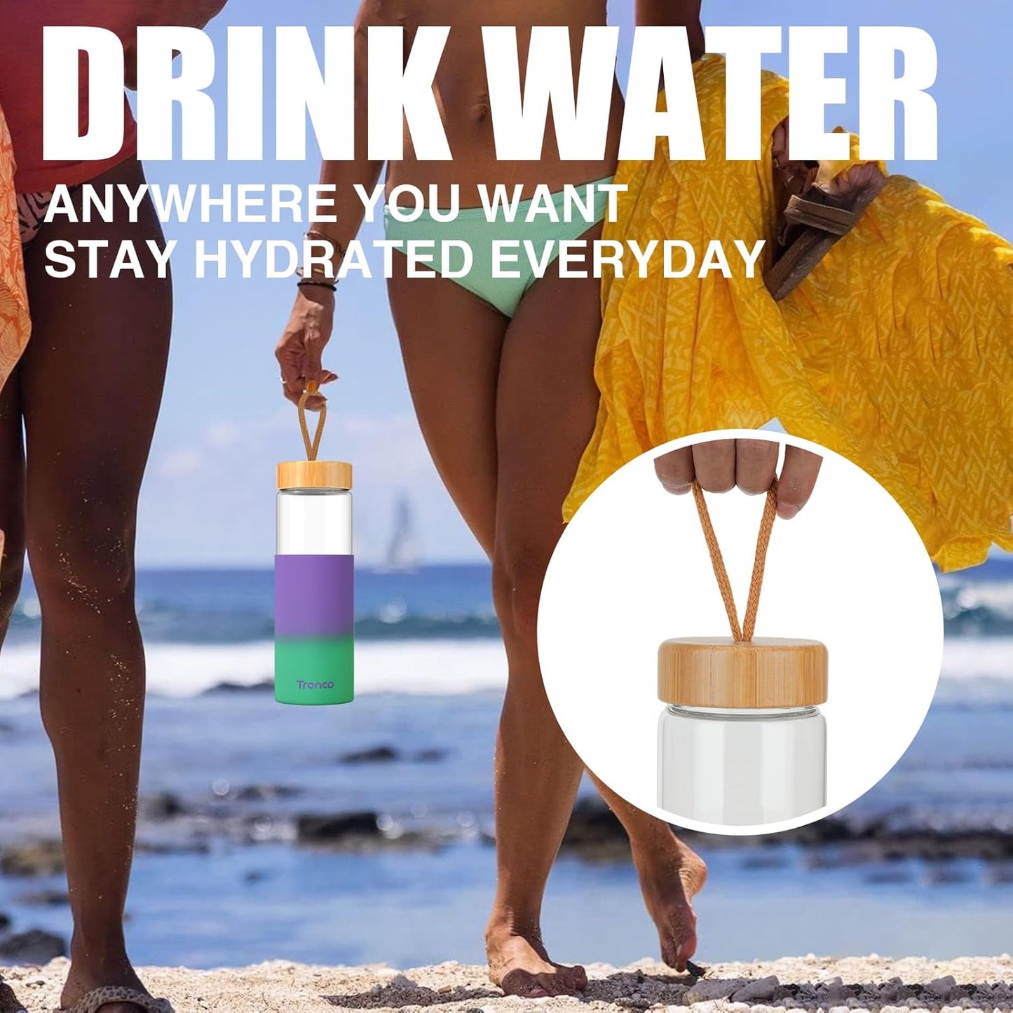 Tronco 24oz Glass Water Bottles with Bamboo Lid & Silicone Sleeve, Leak Proof, BPA Free, Reusable Borosilicate Glass Bottles for Juicing, Smoothies, Juice & Water, for Men & Women Gym, Office, Travel