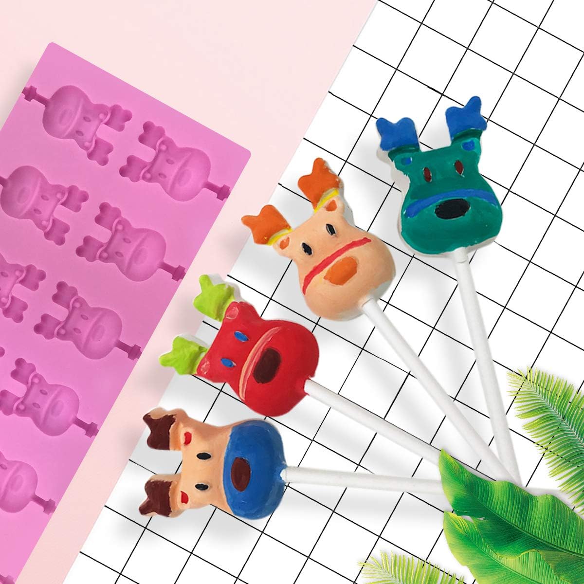 12 Capacity Silicone Deer Lollipop Mold Set, Sucker Molds and Chocolate Hard Candy Mold with 50pcs Lollipop Sucker Sticks, Candy Treat Bags, Gold Ties. (Deer)