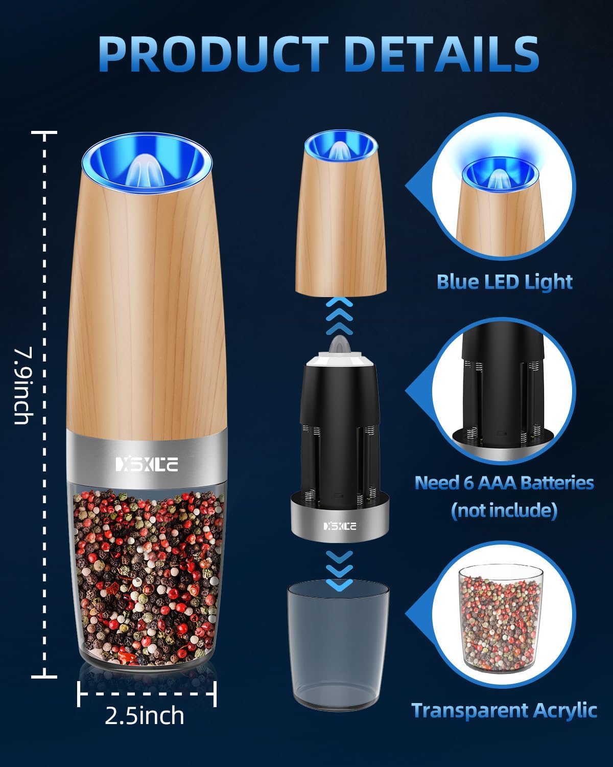 XinXu Electric Pepper Grinder, Salt or Pepper Mills & Adjustable Coarseness, with LED Light, One Hand Automatic Operation -Set/RoseRed