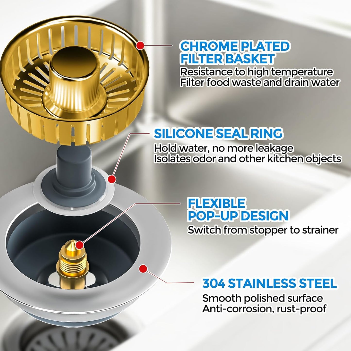 zaa Kitchen Sink Drain Strainer - Kitchen Sink Stopper, 304 Stainless Steel Sink Drain Stopper, Sink Protector for Kitchen with Anti-Clog Filter, Fit US Standard 3-1/2'' Sink Drain Hole, Gold