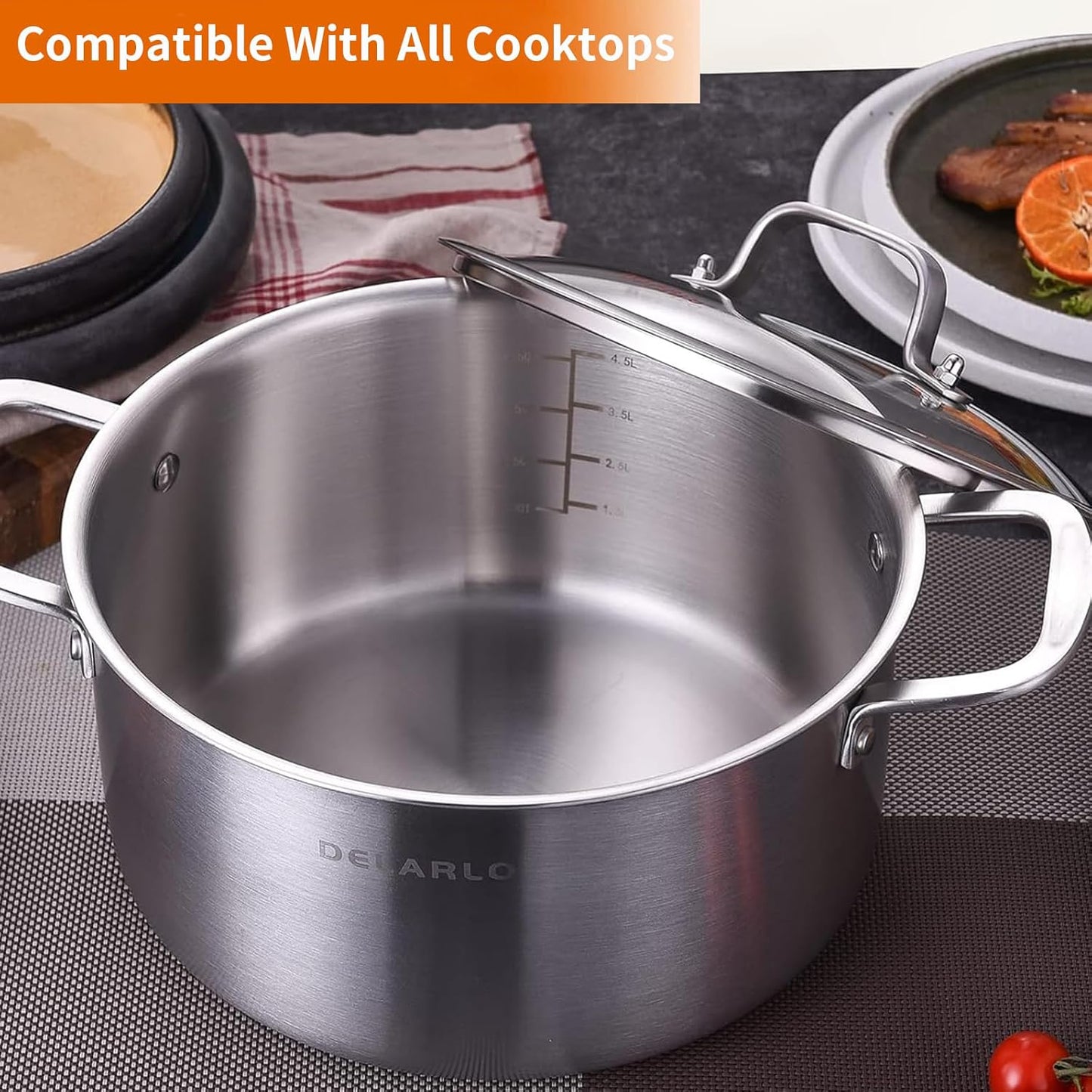 DELARLO Tri-Ply Stainless Steel Stock Pot, 5 Quart Stockpot with Lid, All Stoves Safe Up to 600℉, Saving Fuel 20%, Heavy Duty, Soup Pot with lid, Kitchen Essentials, Fast Even Heat