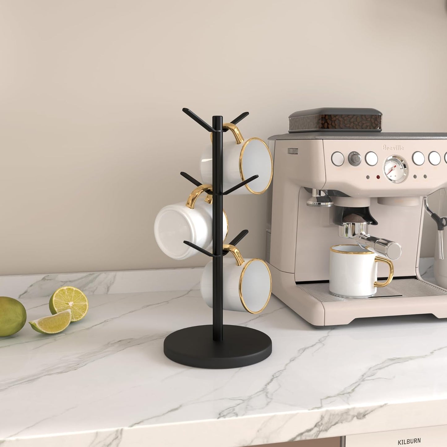 Coffee Mug Tree Holder Countertop, Non-Slip Walnut Wood Mug Rack with 6 Hooks, Coffee Cup Rack for Home Storage and Organizer (Black)