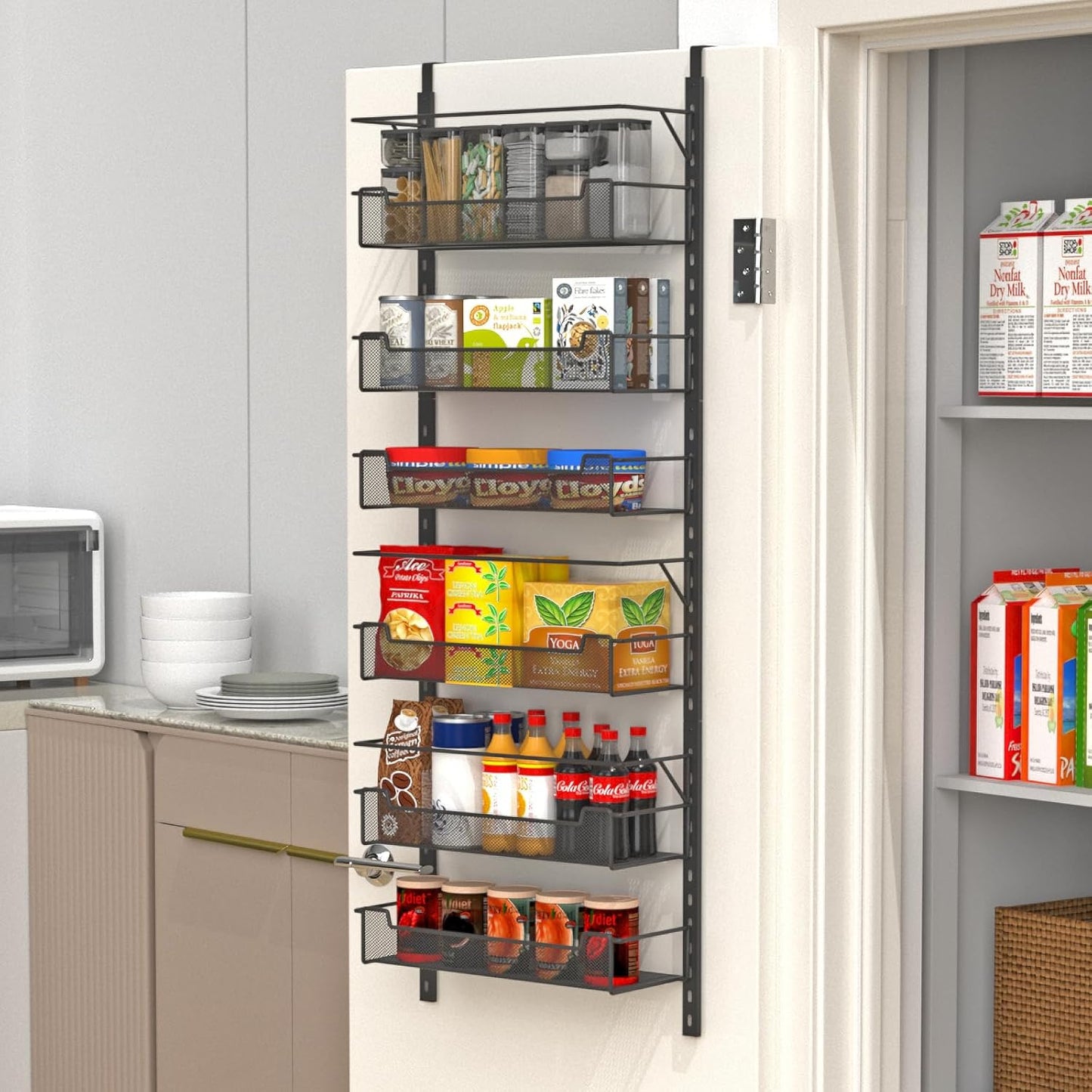 Over the Door Pantry Organizer, 6-Tier Over the Door Organizer with Adjustable Basket, Pantry Door Organization for Pantry Kitchen Storage Room Spice Rack, Black