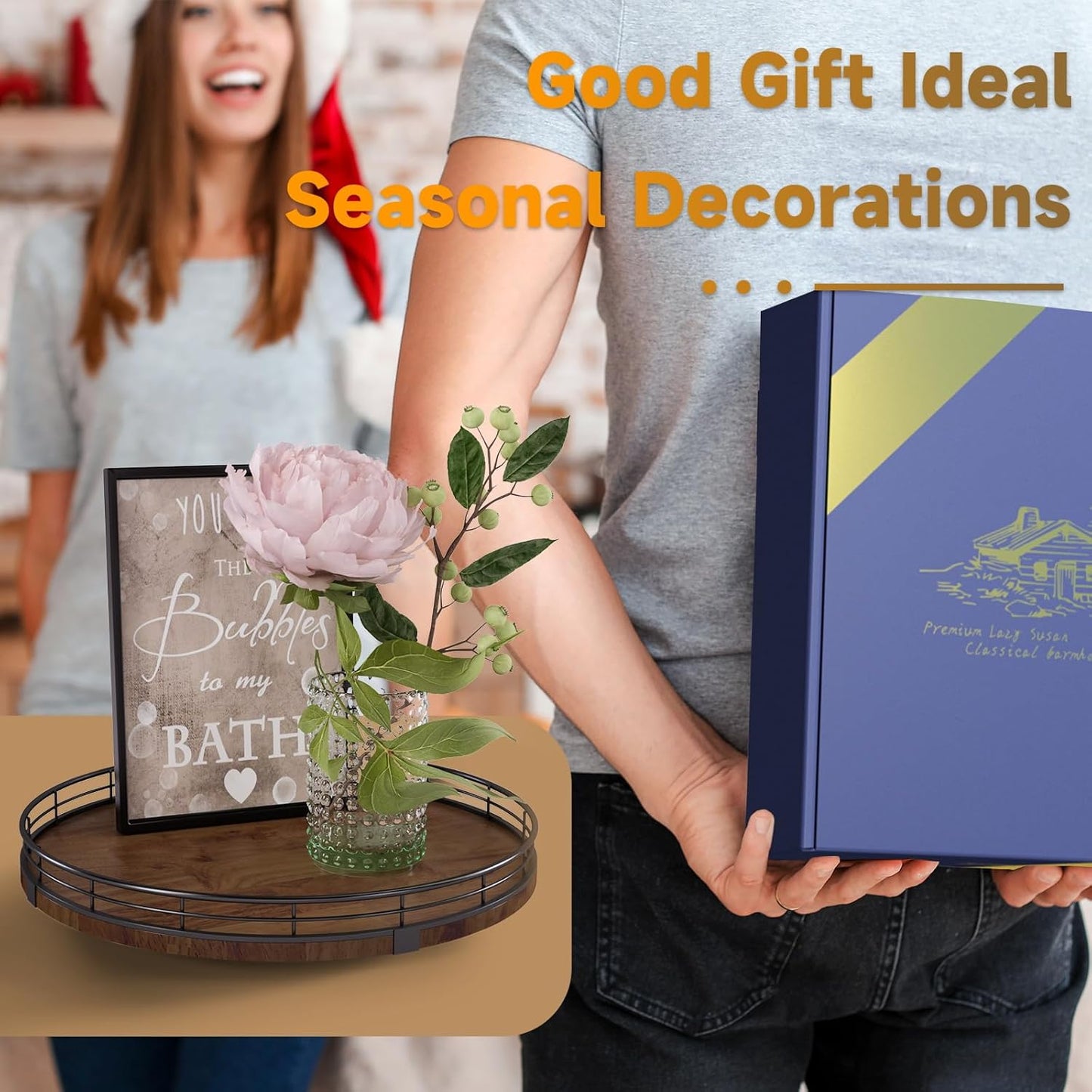 Farmhouse Oak 12" Lazy Susan Turntable Organizer for Cabinet, Round Wooden Lazy Susan Organization and Storage for Dining Table, Pantry, Kitchen, Countertop, Cupboard,Home Decor, Walnut Wood