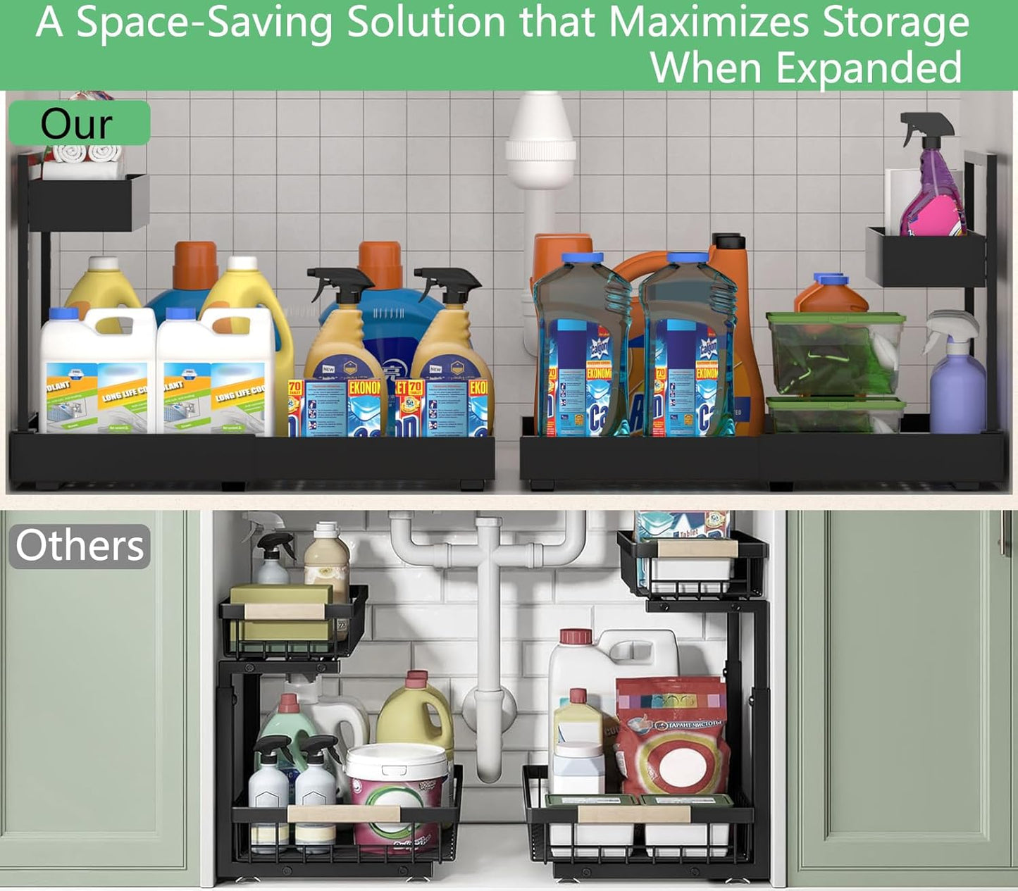 Under Sink Organizer and Storage, All Metal Heavy Duty Expandable Storage Basket, 2 Tier Bathroom Cabinet Organizer, Height Adjustable, Easy Pull Out, Black, 2 Pack