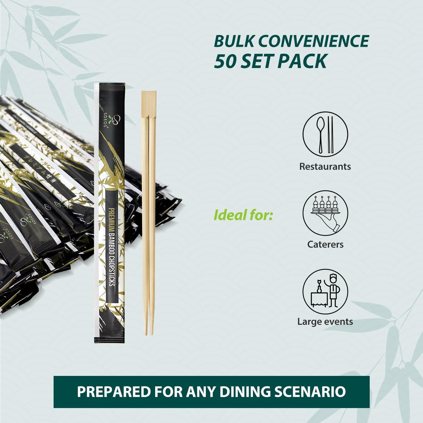 Soeos 50 Chopsticks Disposable Bulk - Natural Wooden Chopsticks & Bamboo Chopstick for Sushi, Takeout, Party - Smooth, Individually Wrapped Single-Use Chopstick (Approx.50 Pairs)