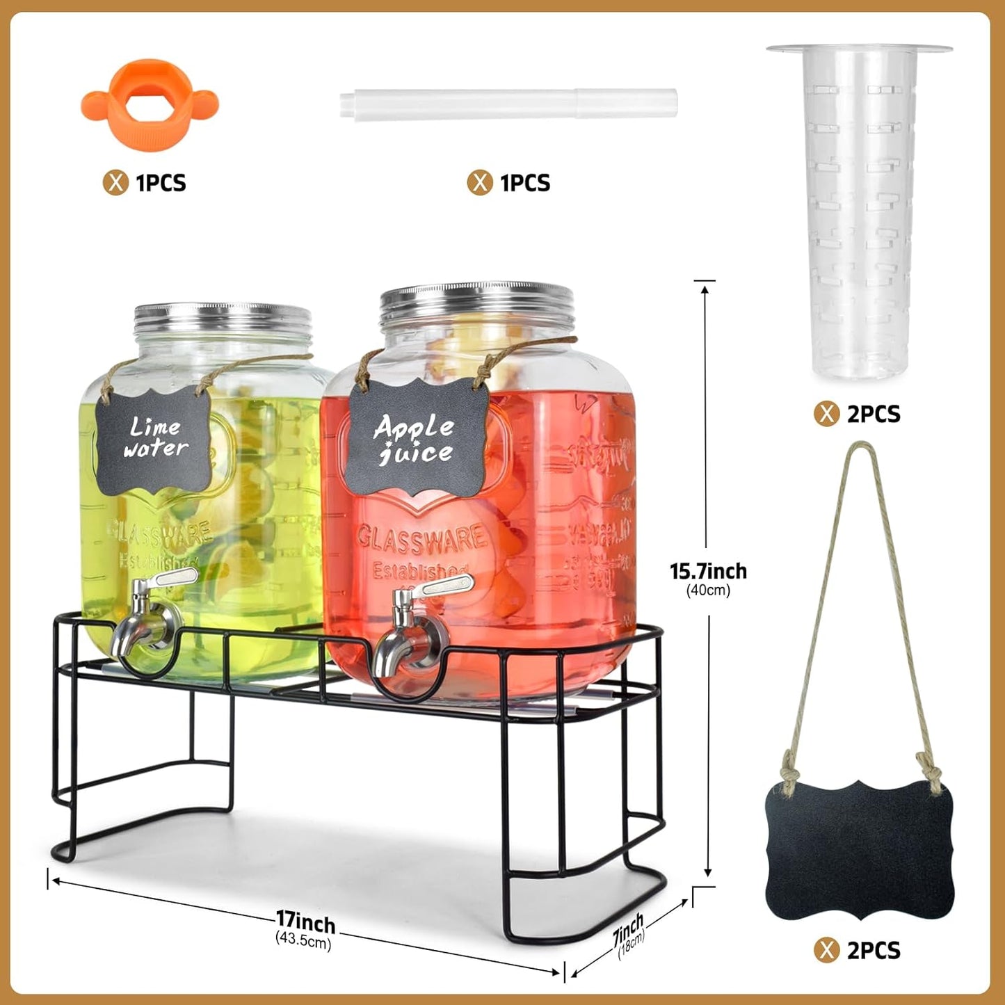 DD&HAPP Gallon Glass Drink Dispensers For Parties 2PACK.1.5Gallon Beverage Dispenser,Glass Drink Dispenser With Stand And Stainless Steel Spigot 100% Leakproof.Lemonade Dispenser With Ice Cylinder.