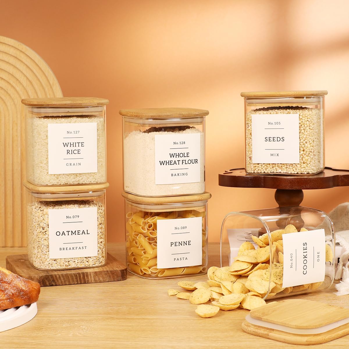 6 Pack Square Glass Pantry Storage Containers with 132 Kitchen Food Pantry Labels - 24 floz Clear Glass Pantry Jars with Airtight Wood Bamboo Lids - Glass Canisters for Sugar, Cereal, Coffee, Spice