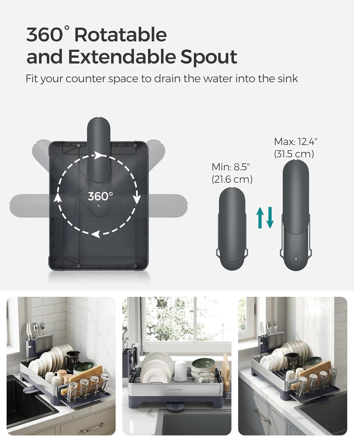 SONGMICS Large Dish Drying Rack, Premium Stainless Steel Dish Rack with Rotatable Spout, Fingerprint-Resistant Dish Drainers for Kitchen Counter, 12.5 x 22.5 in, Silver and Gray UKCS030E01