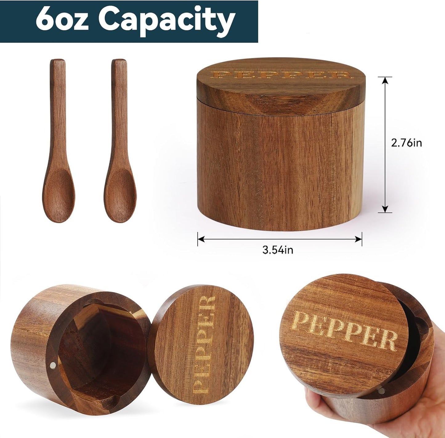 PEPPER Cellar, Acacia Wood Salt Container with Built-in Spoon & Swivel Lid, Engraved PEPPER Box, Salt Holder Bowl for Countertop Seasoning Storage