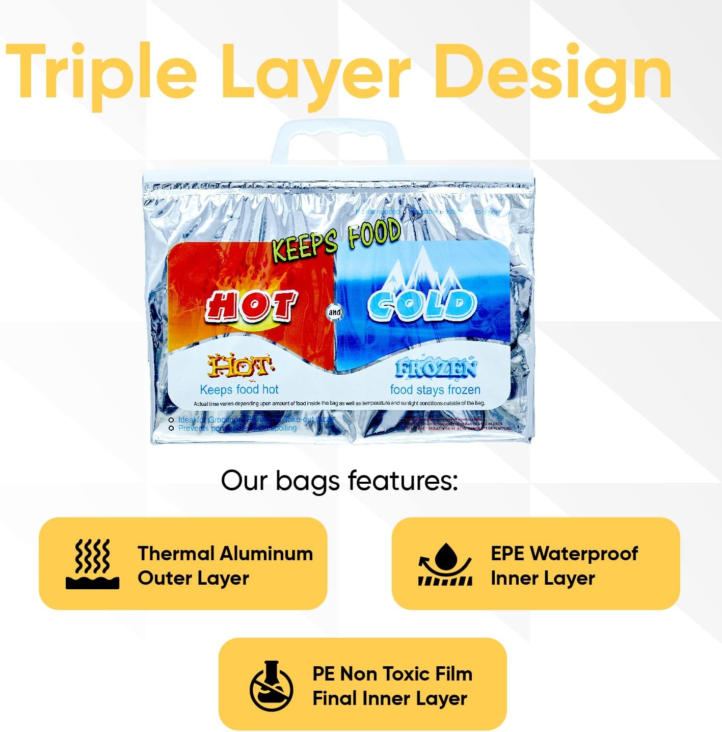 Superio Hot and Cold Insulated Bags for Food Delivery, Grocery Shopping Bags, Food Storage for Hot and Frozen Food for Travel, Disposable Cooler Bag, Reinforced Thermal Lunch Bag (4, 13"x5.5"x8.5")