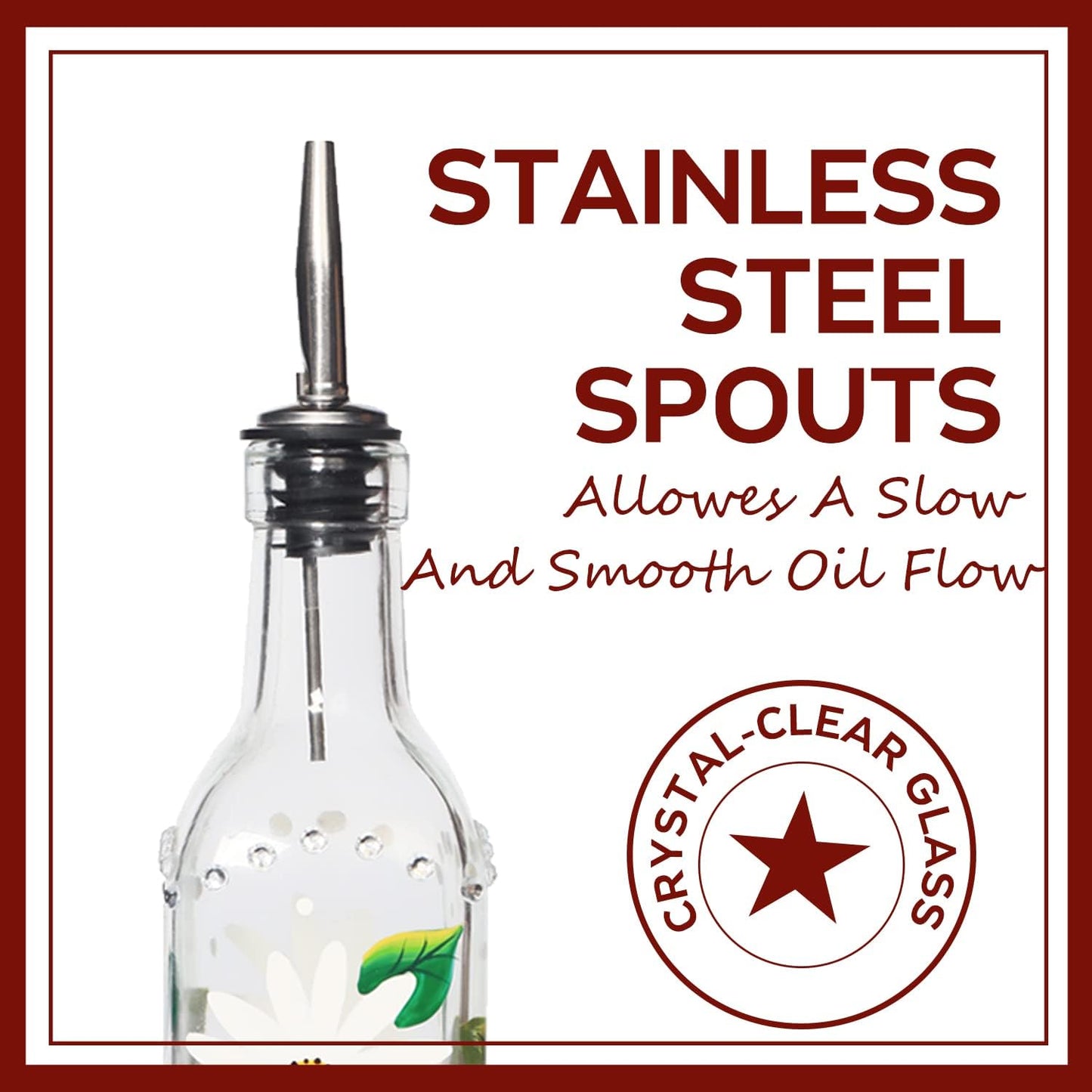 17oz Hand Painted Glass Olive Oil Bottle - 500ml Green Oil & Vinegar Cruet with Pourers - Olive Oil Carafe Decanter for Kitchen (Daisy)