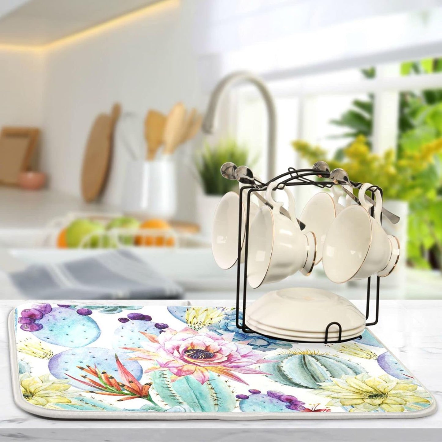 Cactus Succulent Plant Dish Drying Mat for Kitchen Counter Absorbent Microfiber Drying Pad, Large 18x24 in, Reversible Drainer Mats