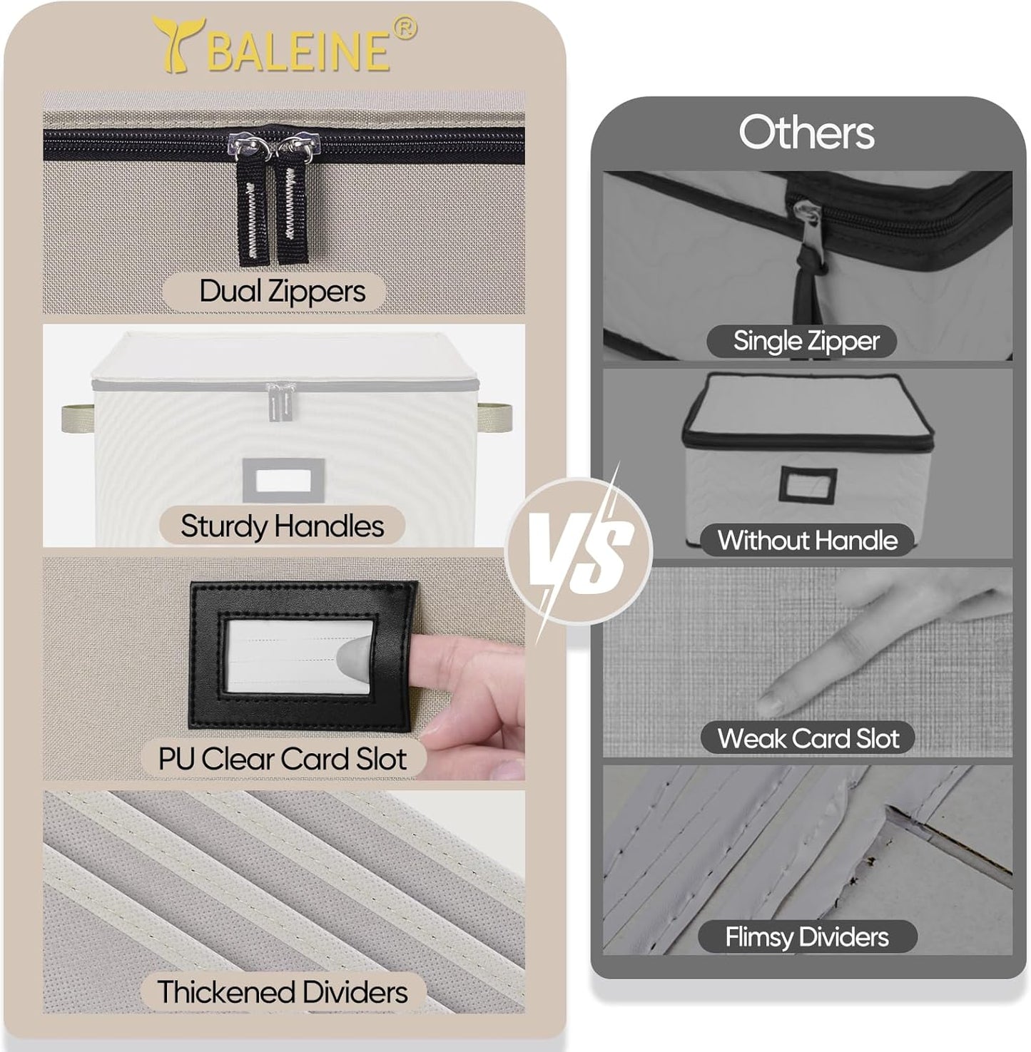 BALEINE China Storage Containers, Sturdy Quilted Wine Glass Storage, Plate Organizer with Carry Handles, Moving Boxes for Dishes, Cups, Mugs and Stemware (Wine Glass, Hard Shell Cream)