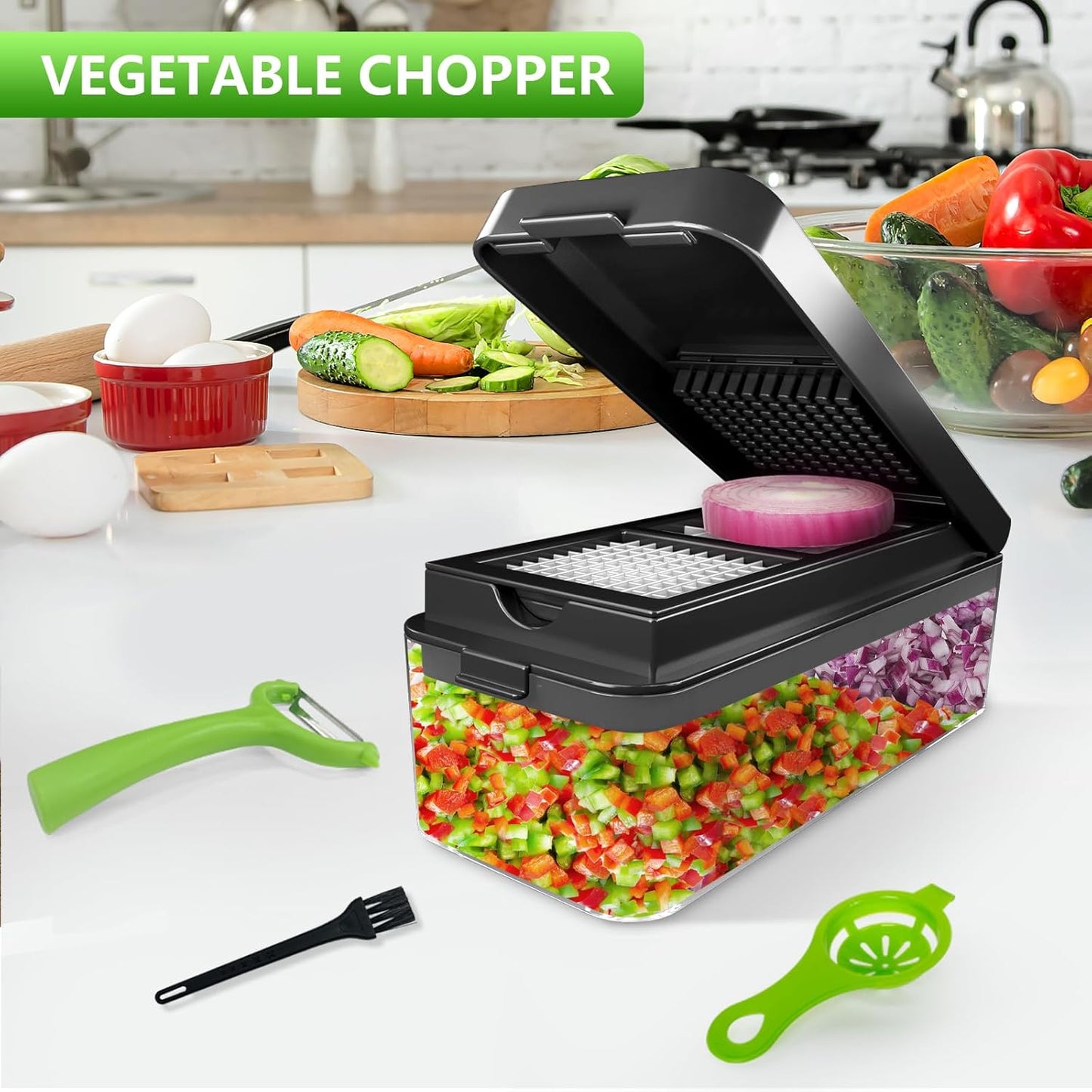 Vegetable Chopper, Onion Chopper Dicer, Mandoline Slicer, Food Chopper with Container, Vegetable Cutter for Salad Potato Carrot Garlic(2 Blades, Black)