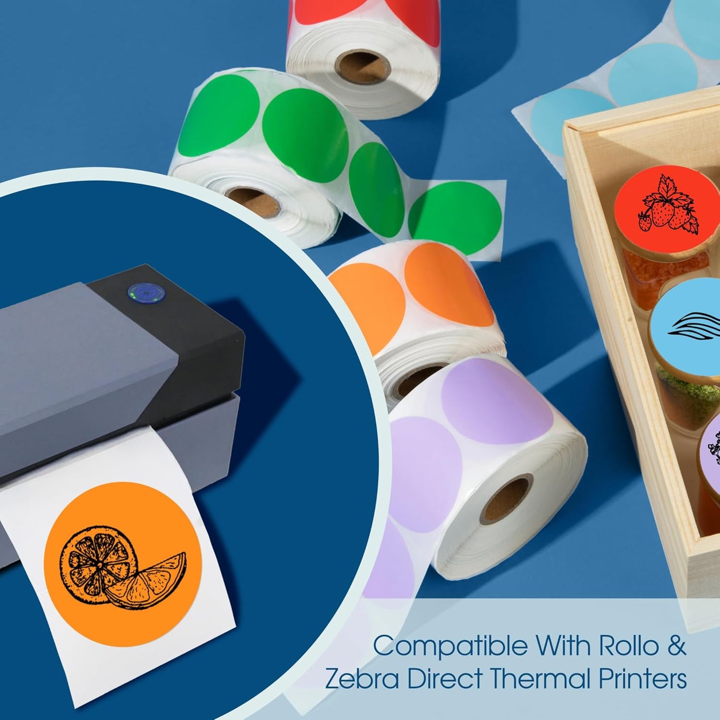 Spartan Industrial 2" Round Direct Thermal Blue Labels | Perforated Custom Circle Logo Stickers - Works with Rollo, Zebra, MUNBYN Desktop Printers - 2 Rolls, 750/Roll