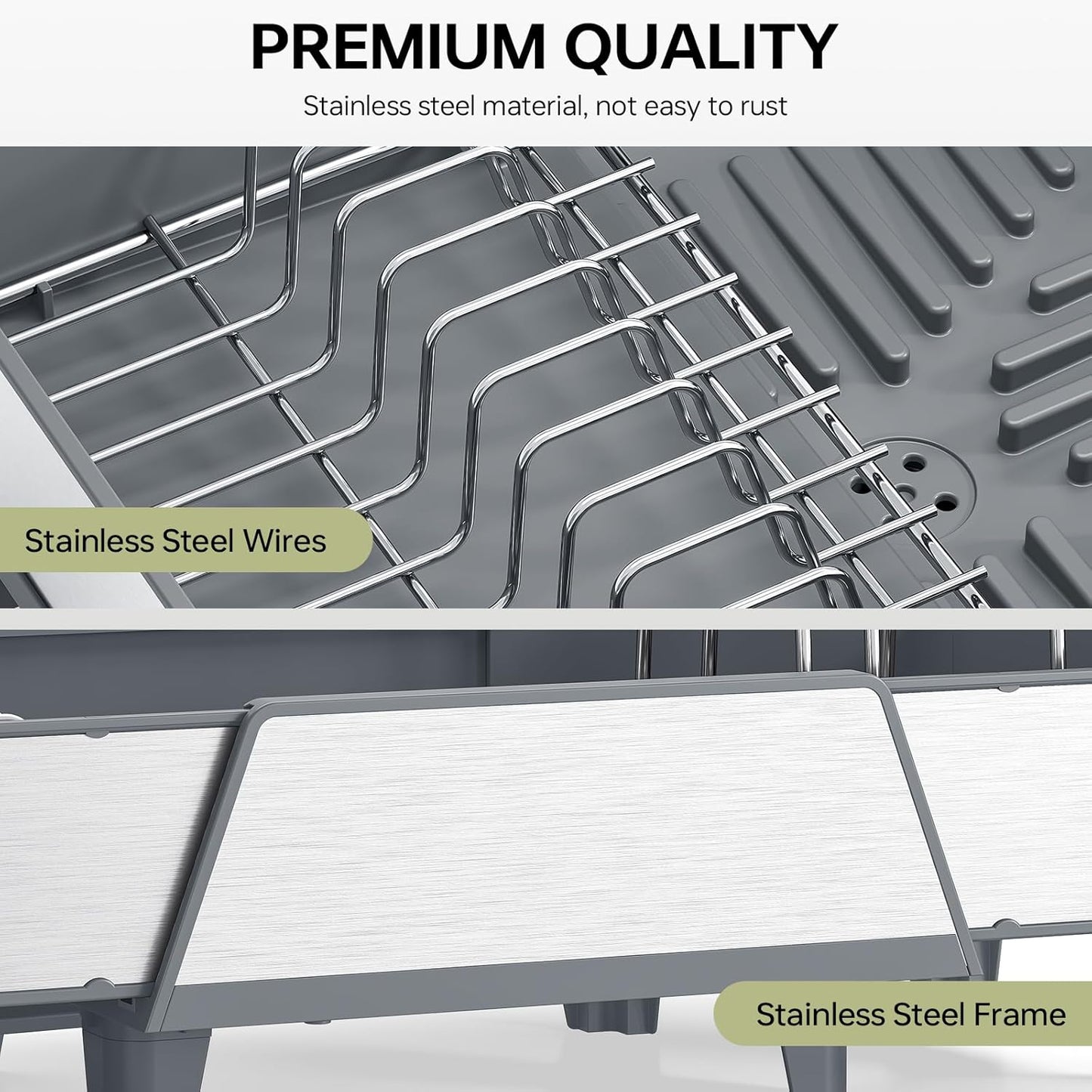 Triple Expandable Dish Drying Rack, Extra Large Dish Rack for Kitchen Counter, Stainless Steel Dish Drying Rack, Foldable Dishes Drainer, Extendable Dish Strainer with Utensil & Pans Holder, Gray
