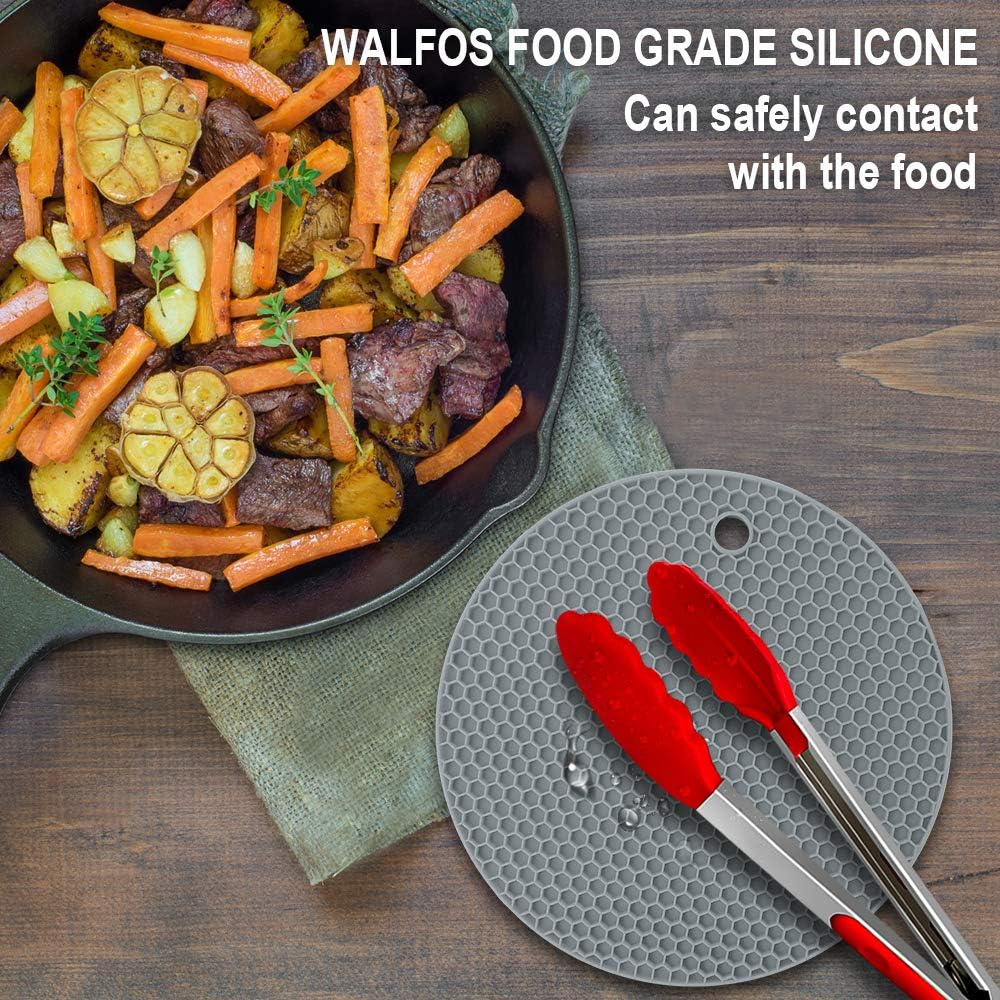 Silicone Trivet Mats - Walfos Heat Resistant Pot Holders Set, 4pcs 2 Sizes 7 Inch & 9 Inch, Multipurpose Non-Slip Hot Pads for Hot Pot, Hot Dishers, Jar Opener, Food Grade & BPA Free (Nordic Grey)