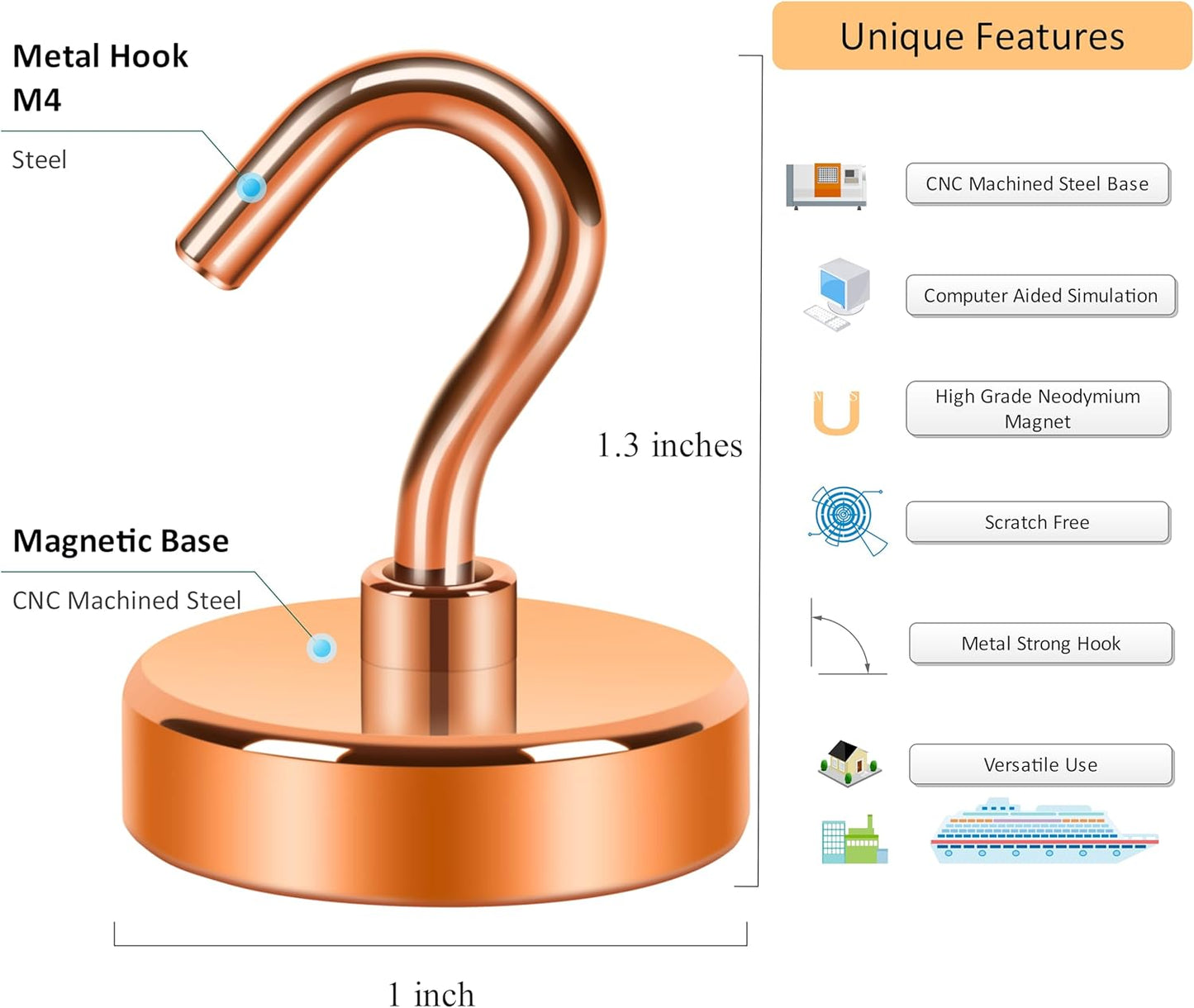 Neosmuk Magnetic Hooks Heavy Duty,Strong Magnet with Hook for Fridge, Super Neodymium Extra Strength Industrial Hooks for Hanging, Magnetic Hanger for Toolbox, Cruise, Grill(Bronze,10 Pack)