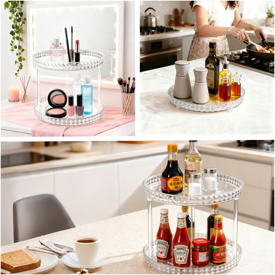 2-Tier Diamond Pattern Lazy Susan Turntable, Green, Clear, Compact Storage Organizer for Kitchen, Bathroom, Sace Saver (Diamond Clear, 9.25inch 2 Pack)