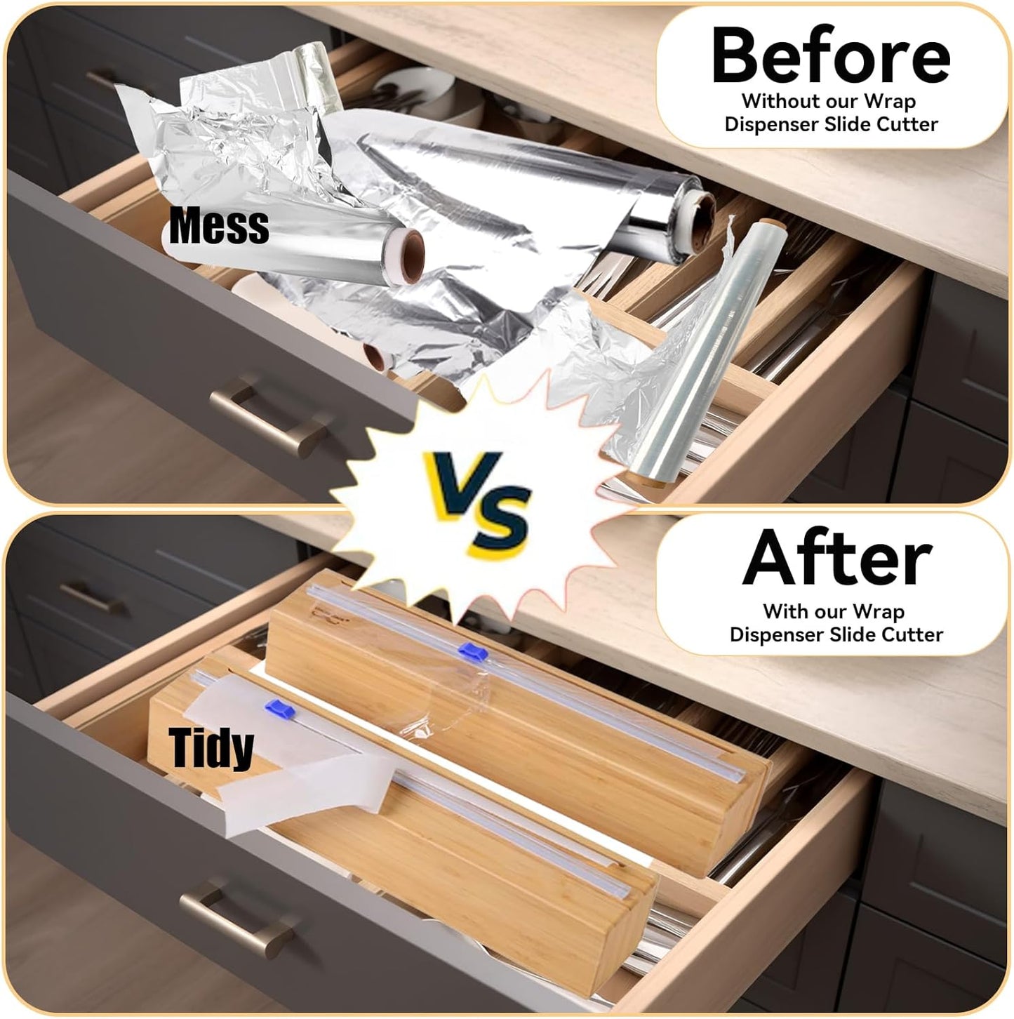 Plastic Wrap Dispenser with Cutter, Wrap Dispenser with Slide Cutter, for Aluminum Foil, Plastic Wrap and Wax Paper, Fits 12" Roll