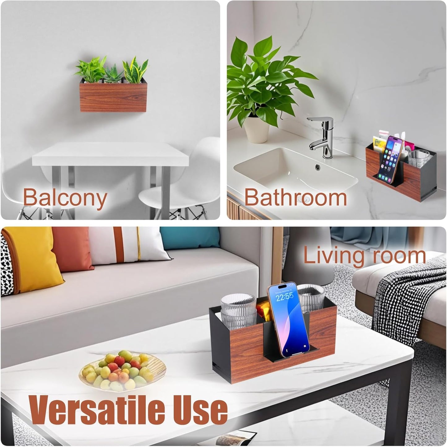 Utensil Holder Large Iron Flatware Container with 3 Compartments Countertop Wall-mounted Kitchen Utensil Storage (Black)