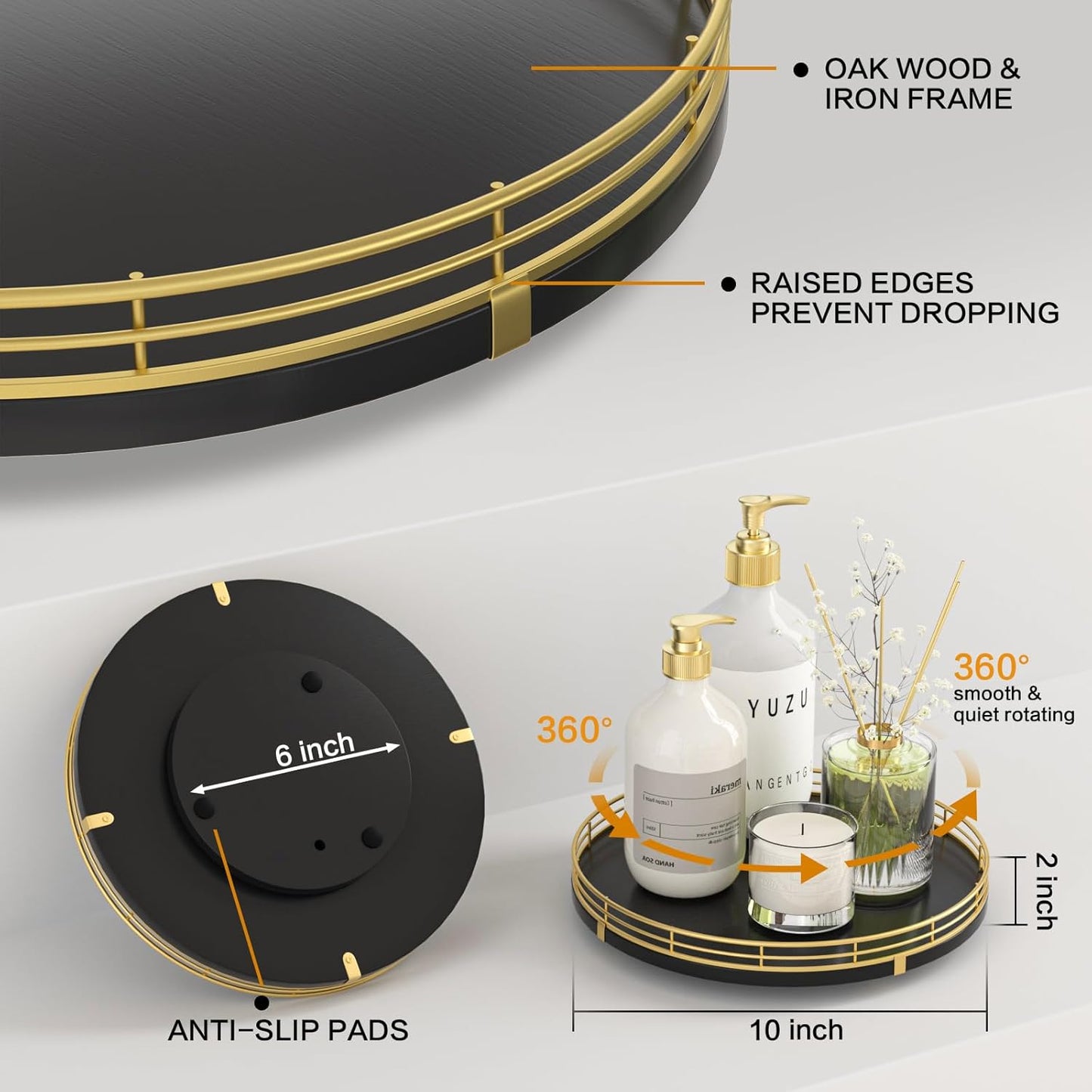 10" Oak Wood Decorative Tray for Home Decor, Tray for Coffee Table Decor Perfume Nightstand Vanity Bathroom Trays for Counter Candle Jewelry Makeup Farmhouse Table Centerpiece for Dining Room Gold