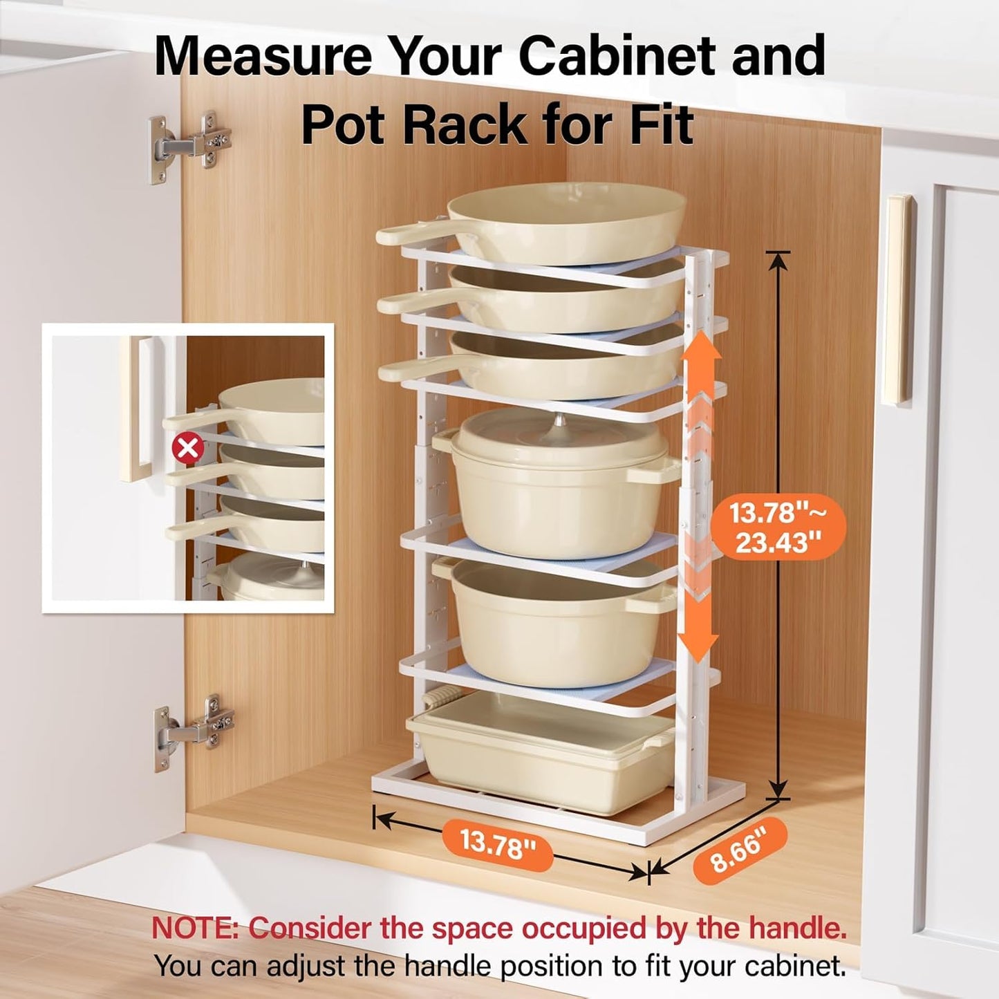 LAMU Pots and Pans Organizer for under Cabinet,6-Tier Heavy Duty Adjustable Pan Pot Organizers inside Cabinet, Pot Rack for Kitchen Cabinet Organization and Storage White