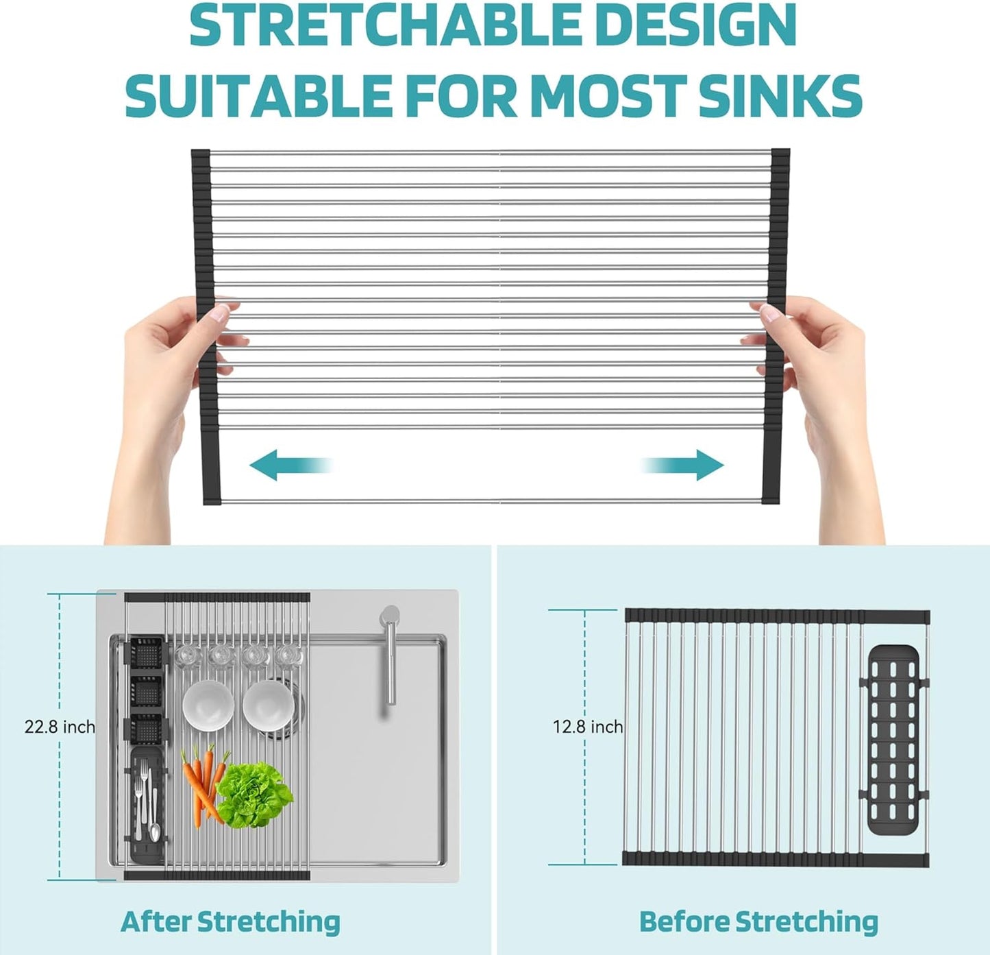 Extra Large Black Expandable Roll Up Dish Drying Rack Up to 22.8''with 2 Storage Baskets,Over The Sink Kitchen Rolling up Dish Drainer Dish Drying Rack in Sink, Foldable,Rollable,for Kitchen Dishes