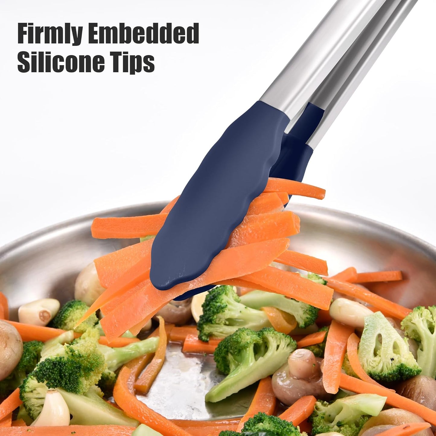 Doosu Kitchen Tongs for Cooking - 600°F Heat Resistant Food Tong with Non-Scratch Silicone Tips, Heavy Duty Stainless Steel Locking Tong for BBQ, Grilling Steak, Serving Salad Pasta (16in, Navy Blue)