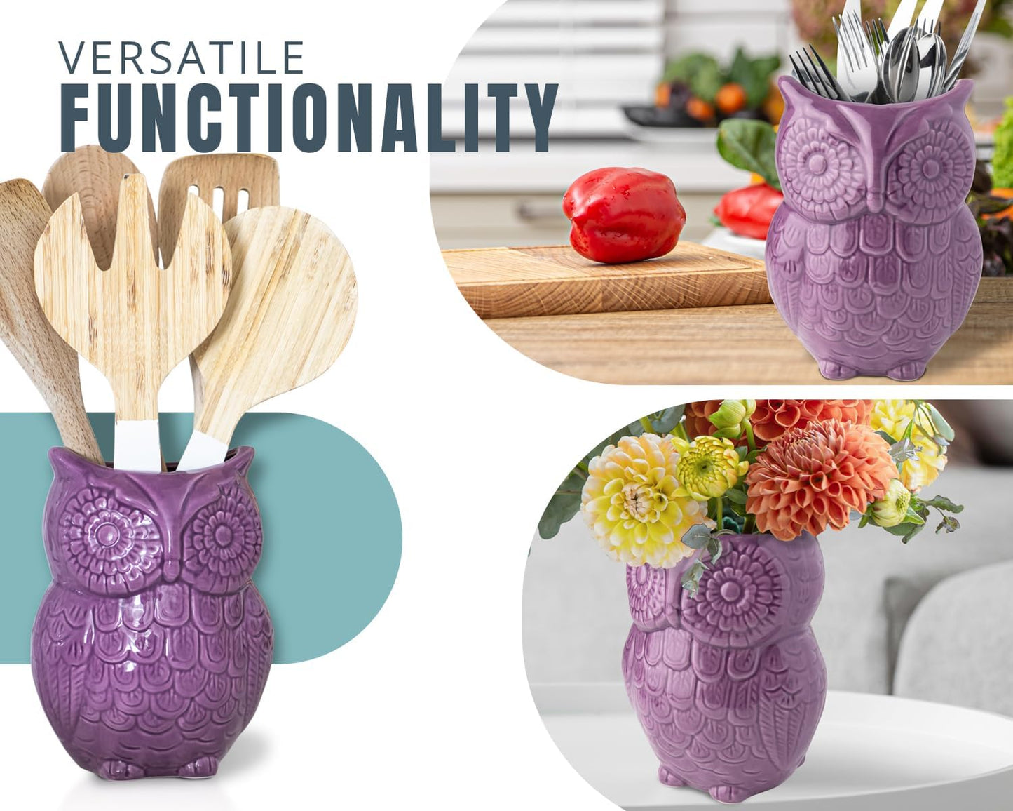 Comfify Owl Utensil Holder Decorative Ceramic Cookware Crock & Organizer, in Lovely Purple Color - Utensil Caddy and Perfect Kitchen Ceramic Decor Gift - 5” x 7” x 4” Compact & Cute