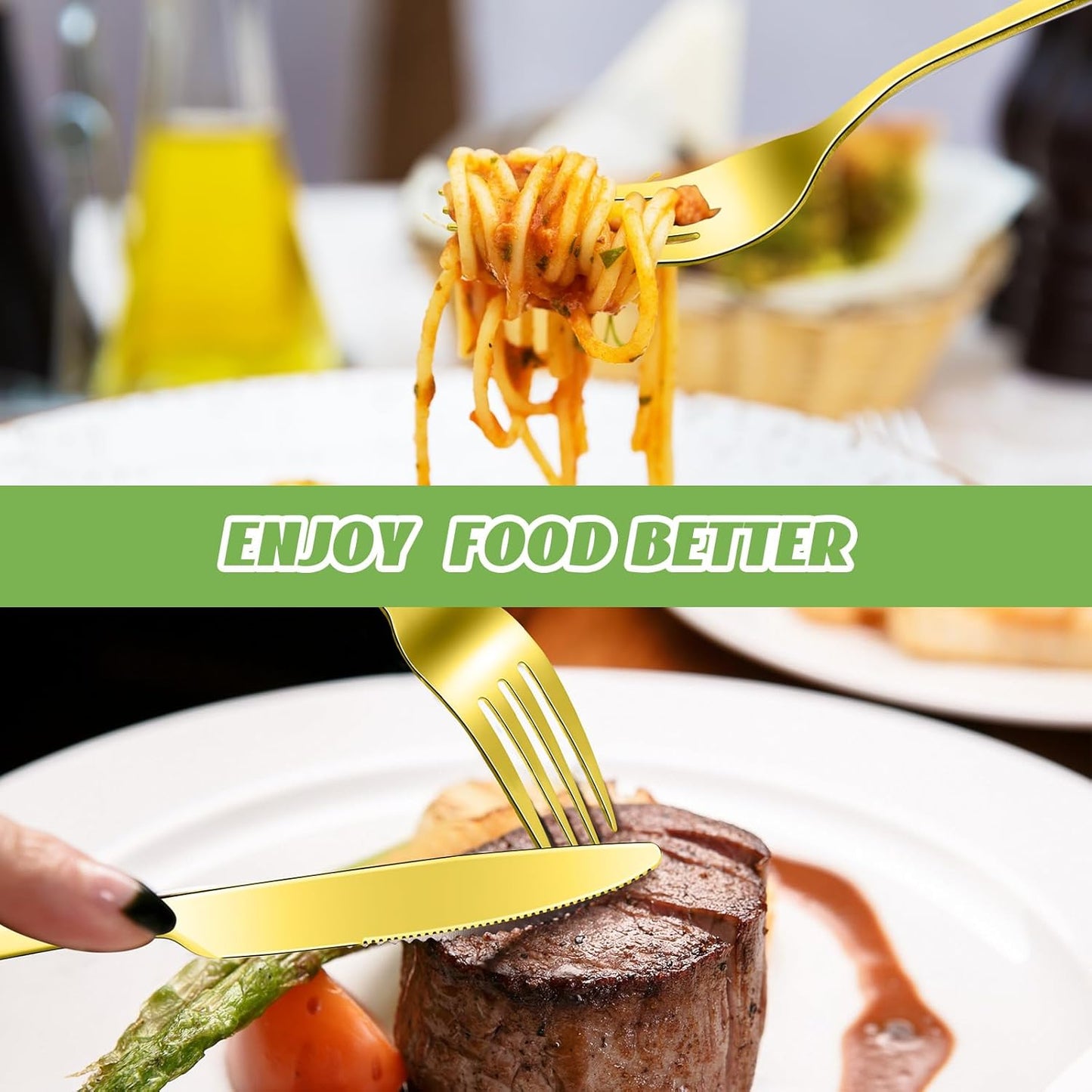 Nuenen 100 Pieces Stainless Steel forks and knives Dinner Flatware Set Tableware Cutlery for Butter Kitchen Restaurant, Dishwasher Safe(Gold,8.4 Inches, 7.1 Inches)