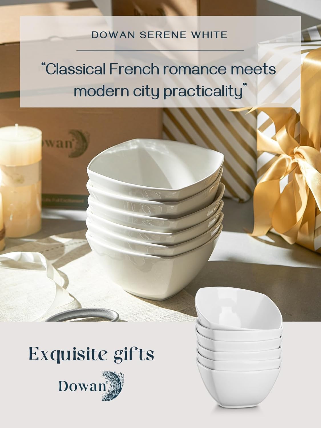 DOWAN Porcelain Soup Bowls Set of 6, 27 OZ Ceramic Square Cereal Bowls, White Bowl, for Ice Cream and Dessert Snack, Wedding Party Gift, Microwave Safe Bowl