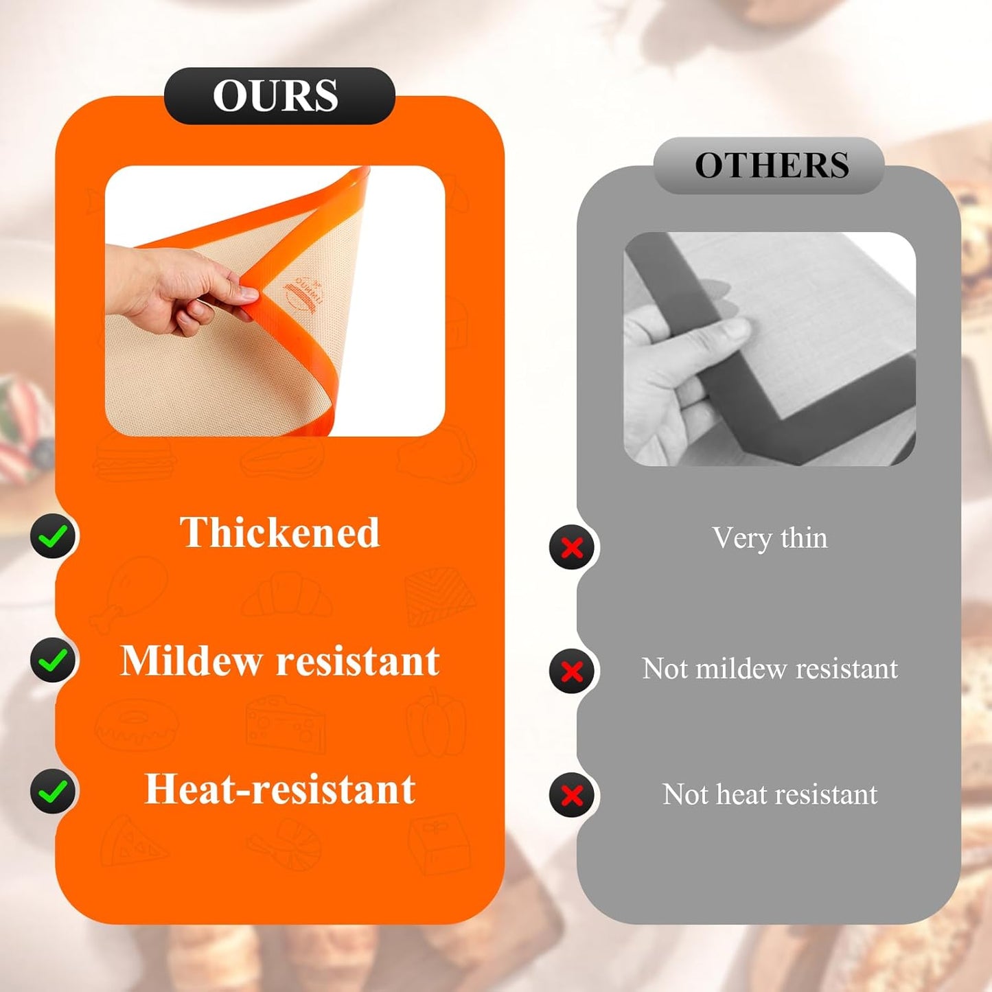 Silicone Baking Mat, Set of 3 Reusable Non-Stick Food Safe Baking Sheets for Cookies,for Making Cookies, Macaroons, Bread (Orange)