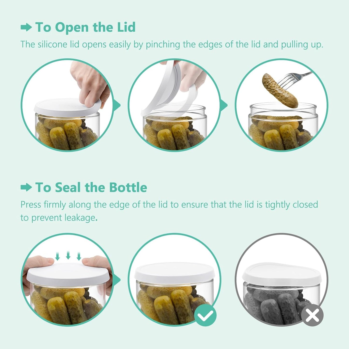 Pickle and Olive Container with Strainer Flip - 50 OZ Airtight Glass Jar for Pickle Lover, Versatile Food Keeper, Kitchen Organization Must-Have, BPA-Free, Dishwasher Safe (White)