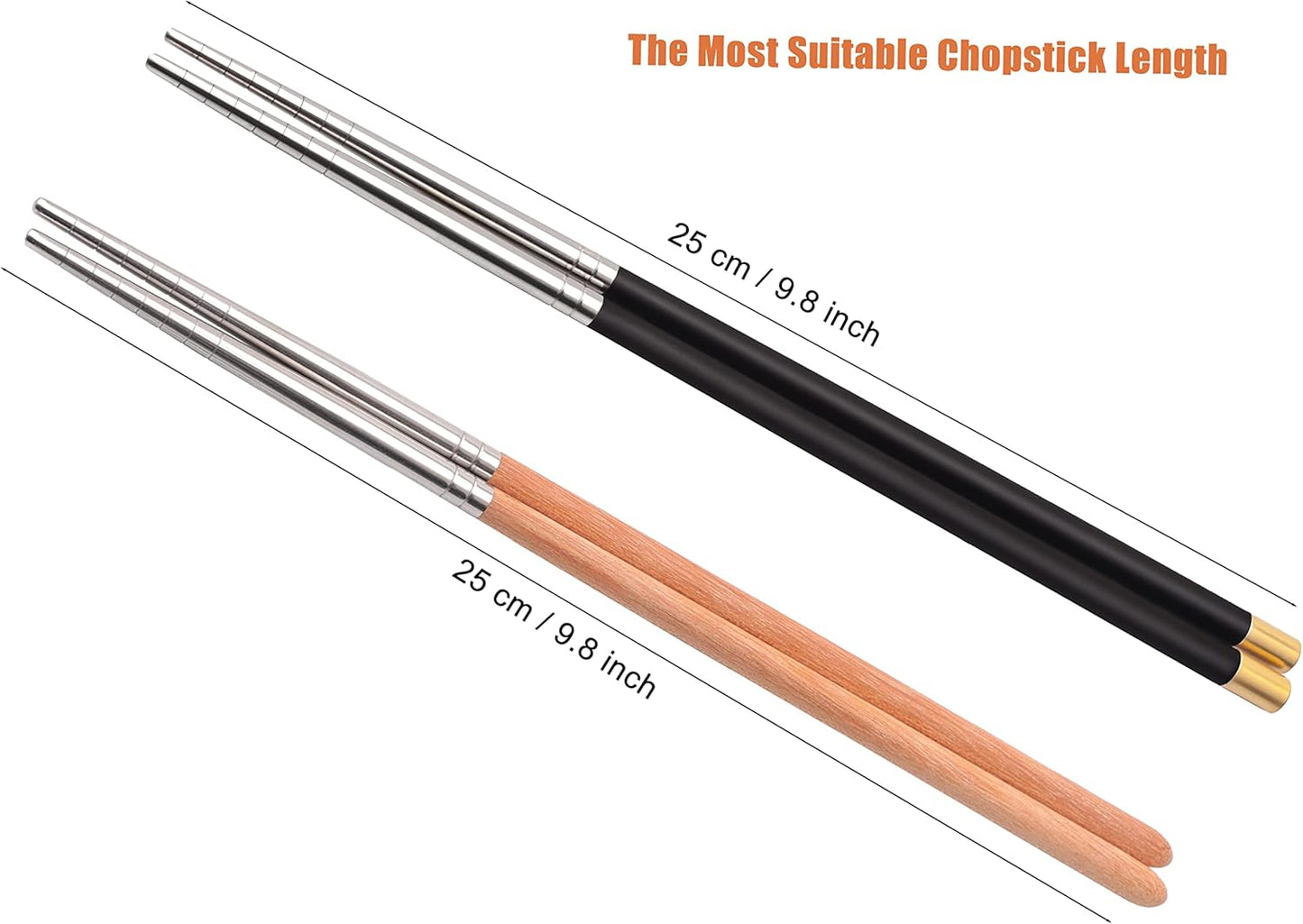 5 Pairs Reusable Chopsticks Wooden Splicing Stainless Steel Chop Sticks, Metal Chopsticks Lengthen Japanese Korean Chopstick 9.8 Inch/25cm Gift Set