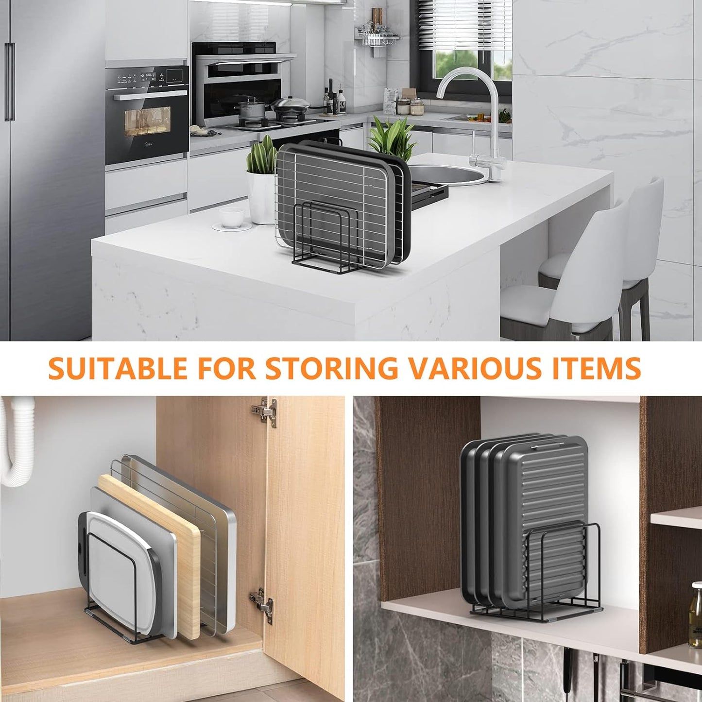 Kitchen Cabinet Organizer, Steel Cookware Holder, Divided Holder with 5 Slots for Skillets Baking Tray and Chopping Board Rack - Baking Pan Holder Storage (1 PC)