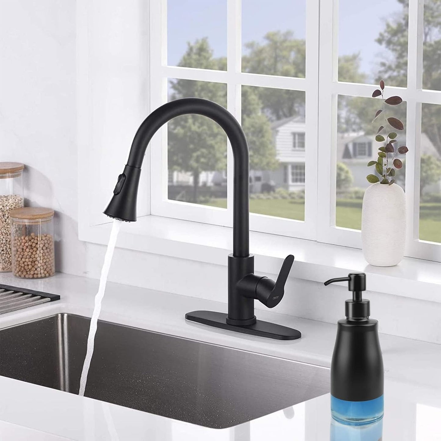 Soap Dispenser with Non-Slip Silicone Pad, 2 Pack Kitchen Dish Refillable Liquid Dispensers, Matte Black Hand Soap Dispenser for Bathroom, Stainless Steel Case Glass Liner Hand Pump Dispensers