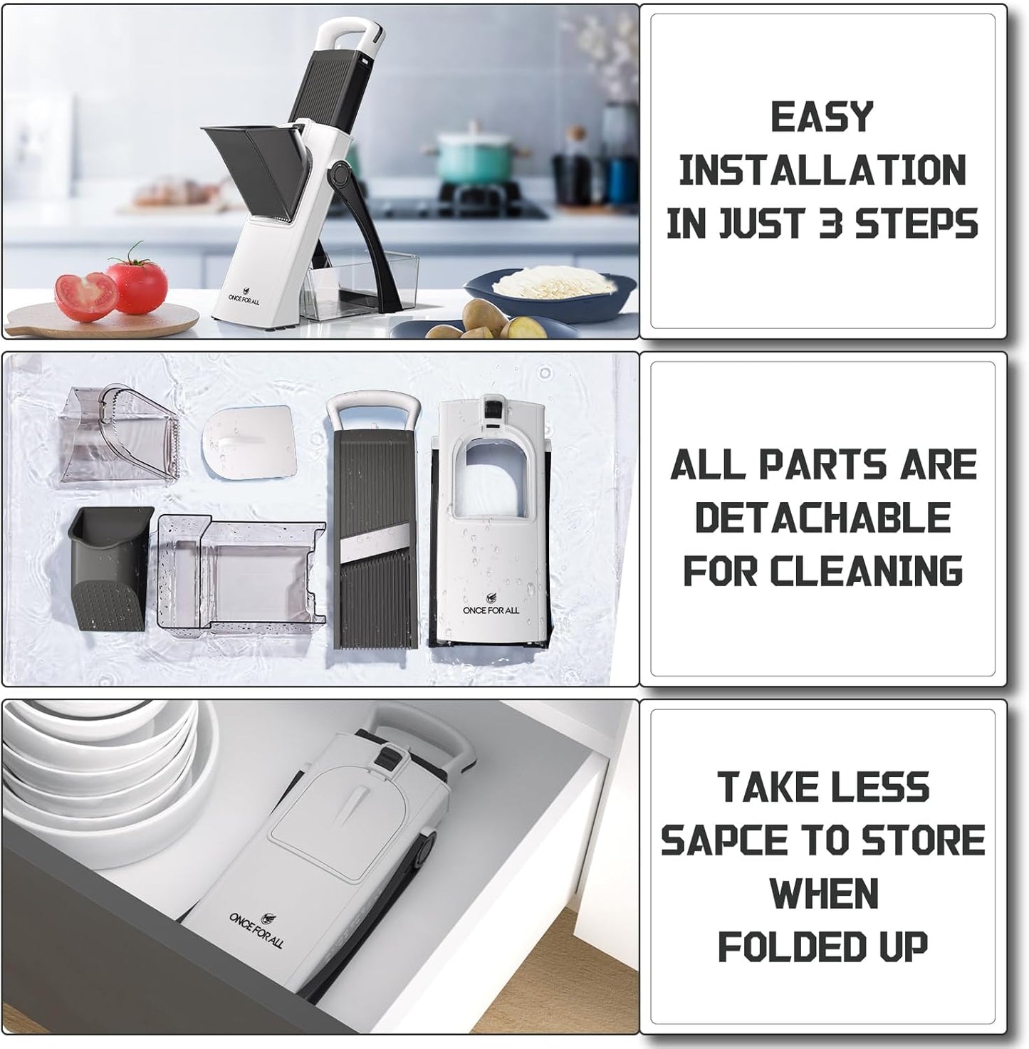 ONCE FOR ALL Upgrade Safe Mandoline Slicer Plus, Biger Size, Adjustable Vegetable Food Chopper Potato Fries Cutter, Detachable Blade, Kitchen Chopping Artifact, Gift (Black)