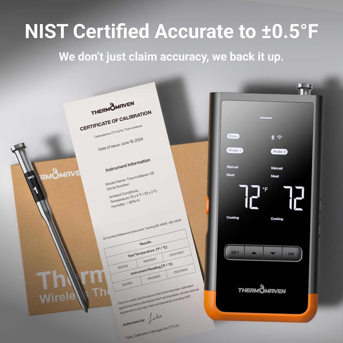 ThermoMaven Wireless Bluetooth Smart Meat Thermometer: Standalone Base, Smart WiFi Thermometer with Sub-1G, 6 Sensors NIST Certified Accuracy, 2 Probes, for BBQ, Grill, Oven, Smoker, Rotisserie