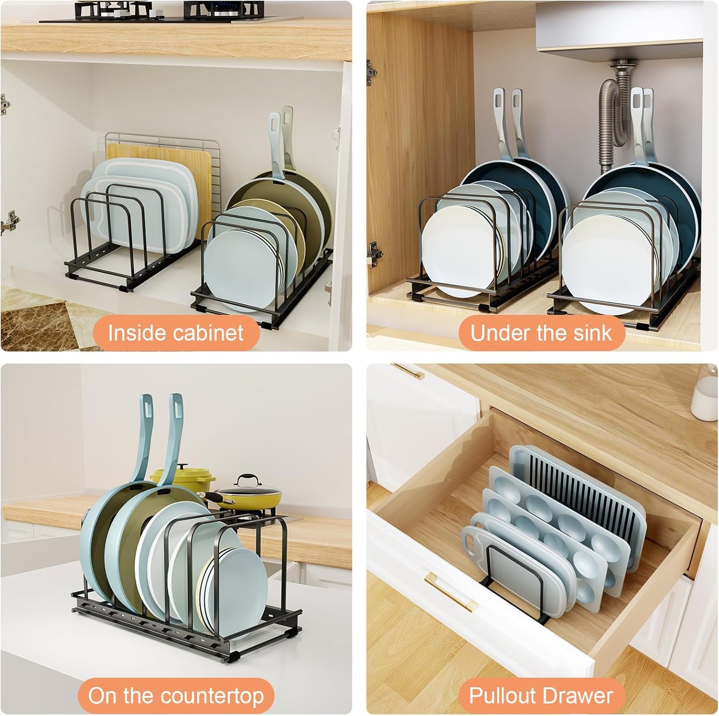 TEAMOLA Adjustable Bakeware Organizer Rack - 1pc Black Heavy-Duty Metal Cutting Board Rack for Cutting Boards & Cookware, Holds Utensils Up to 9.84" Wide (Space-Saving Holder Fits Narrow Countertops)