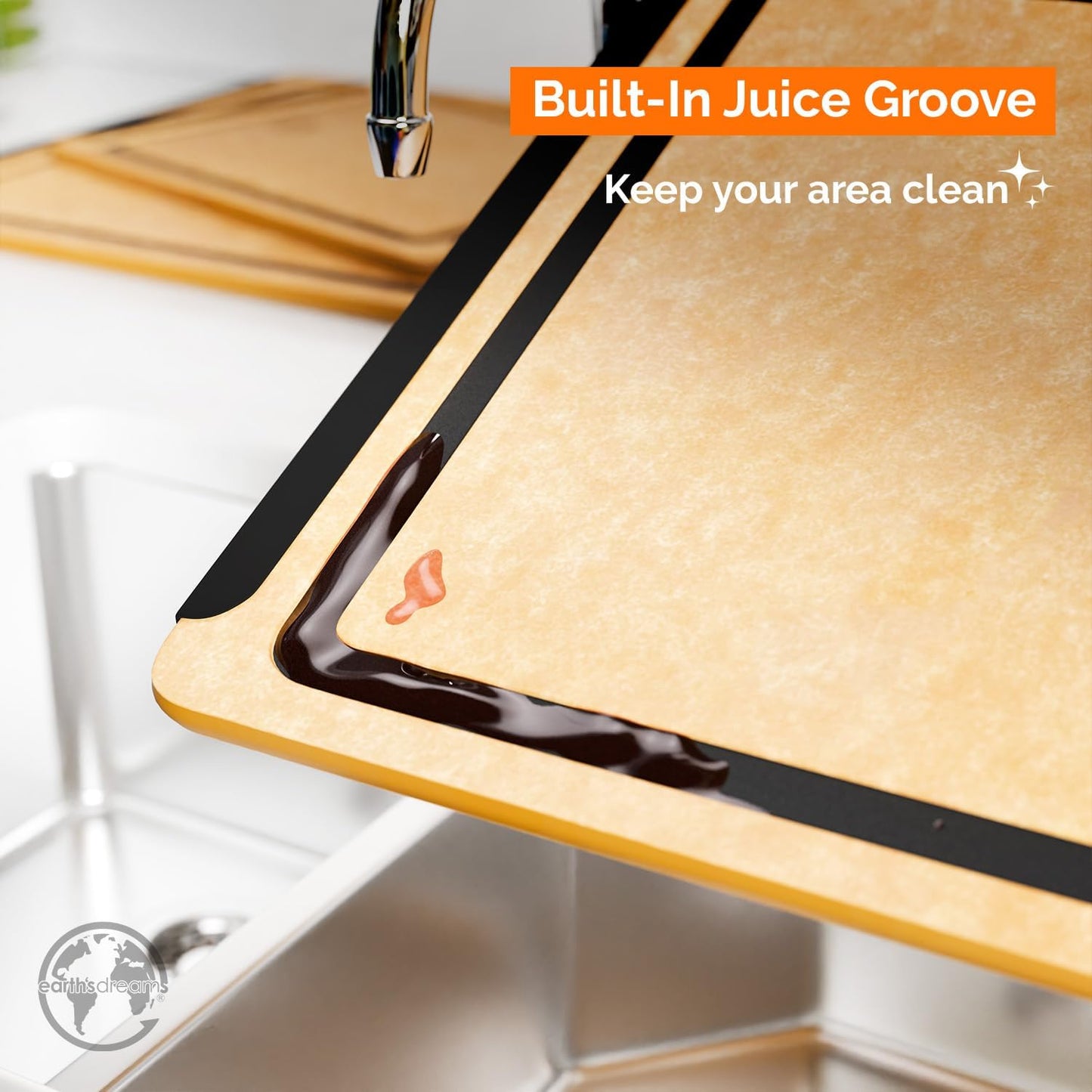 Earth’s Dreams Wood Cutting Board Set 3-Piece: Small, Large & Extra Large - Charcuterie Board, Non-Plastic, Non-Toxic, Heavy-Duty, Dishwasher Safe (Tan/Black)