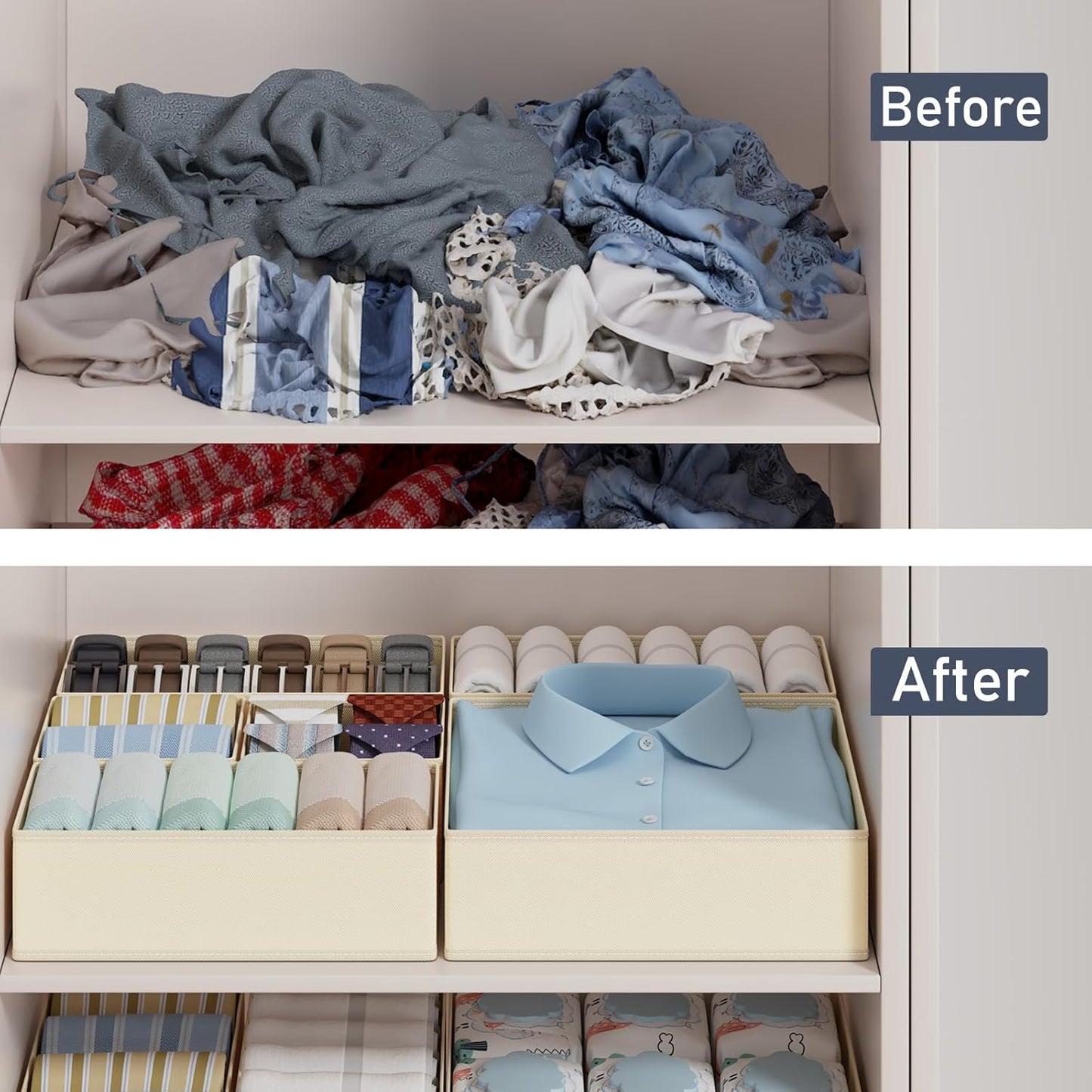 DIMJ Drawer Organizer Clothes, 18 Pack Dresser Organizer, Foldable Closet Organizers and Storage, Fabric Dresser Bins, Drawer Dividers for Nursery, Baby Clothes, Underwears, Sock (Beige)