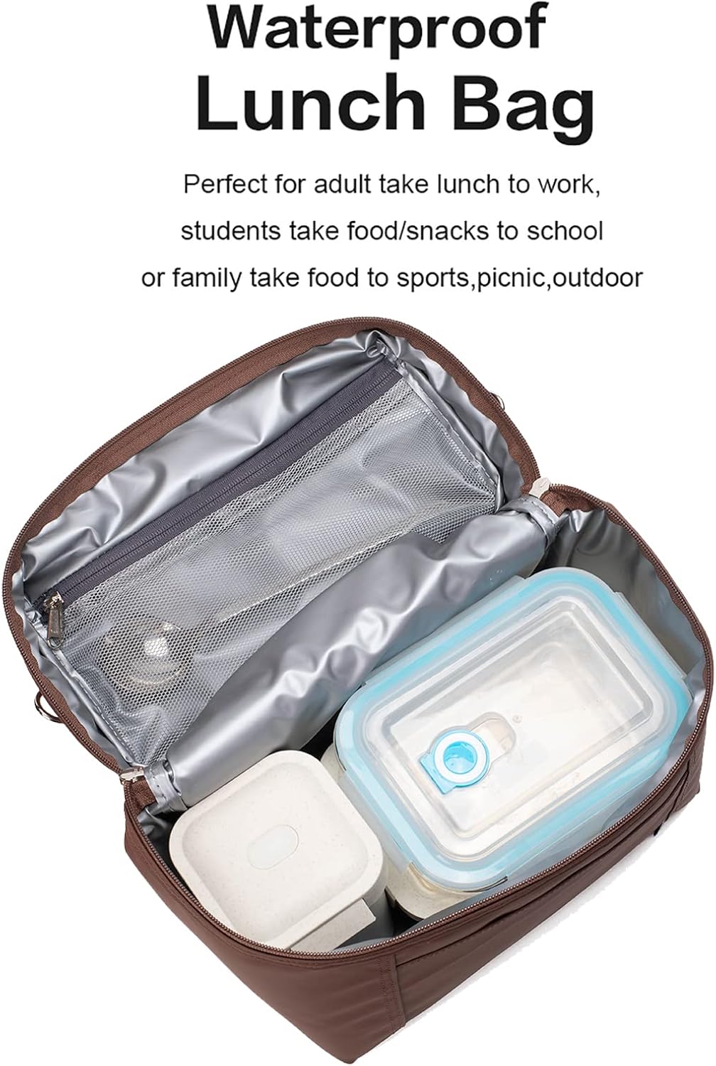 NOL Natural Organic Lifestyle Small Insulated Lunch Bags for Women Cooler Bag Lightweight Nylon Waterproof Lunch Box for Work(Small,coffee)