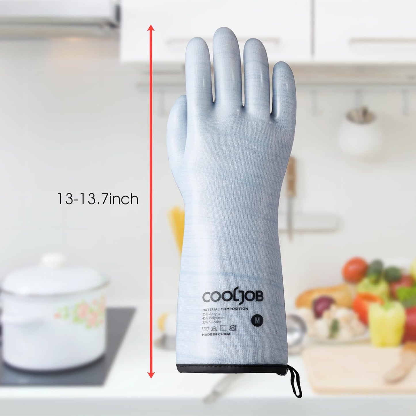 COOLJOB Heat Resistant Oven Gloves, Waterproof Liquid Silicone BBQ Grilling Gloves for Barbecue, Kitchen Cleaning, Baking, Blue, XL