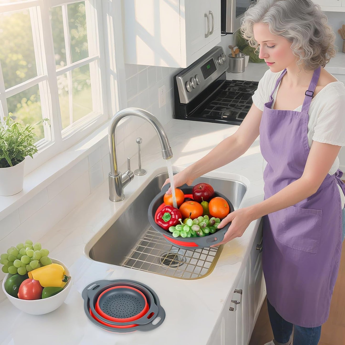 Collapsible Colander 3-Pack Set Space-Saving Foldable Kitchen Strainer with Non-Slip Base Durable Thickened PP+TPE Collapsible Strainers for Pasta, Vegetables, Fruits (Gray-Red)